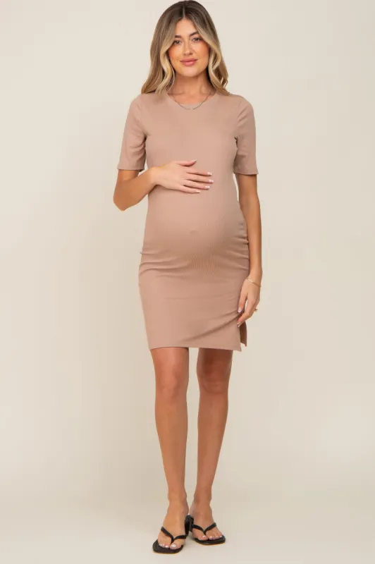 Taupe Ribbed Basic Short Sleeve Maternity Dress sold by Pinkblush