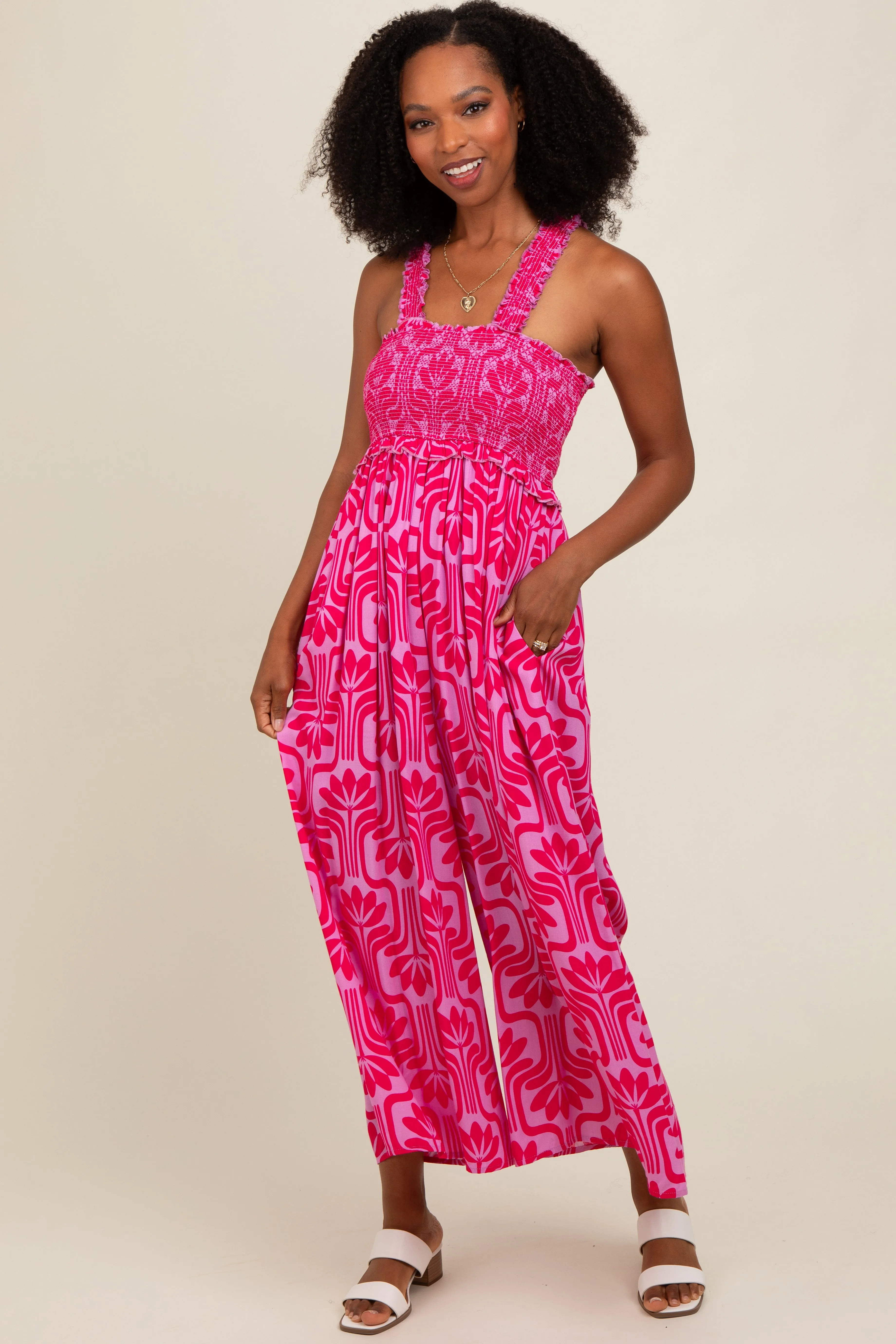 Fuchsia Printed Smocked Cropped Jumpsuit sold by Pinkblush