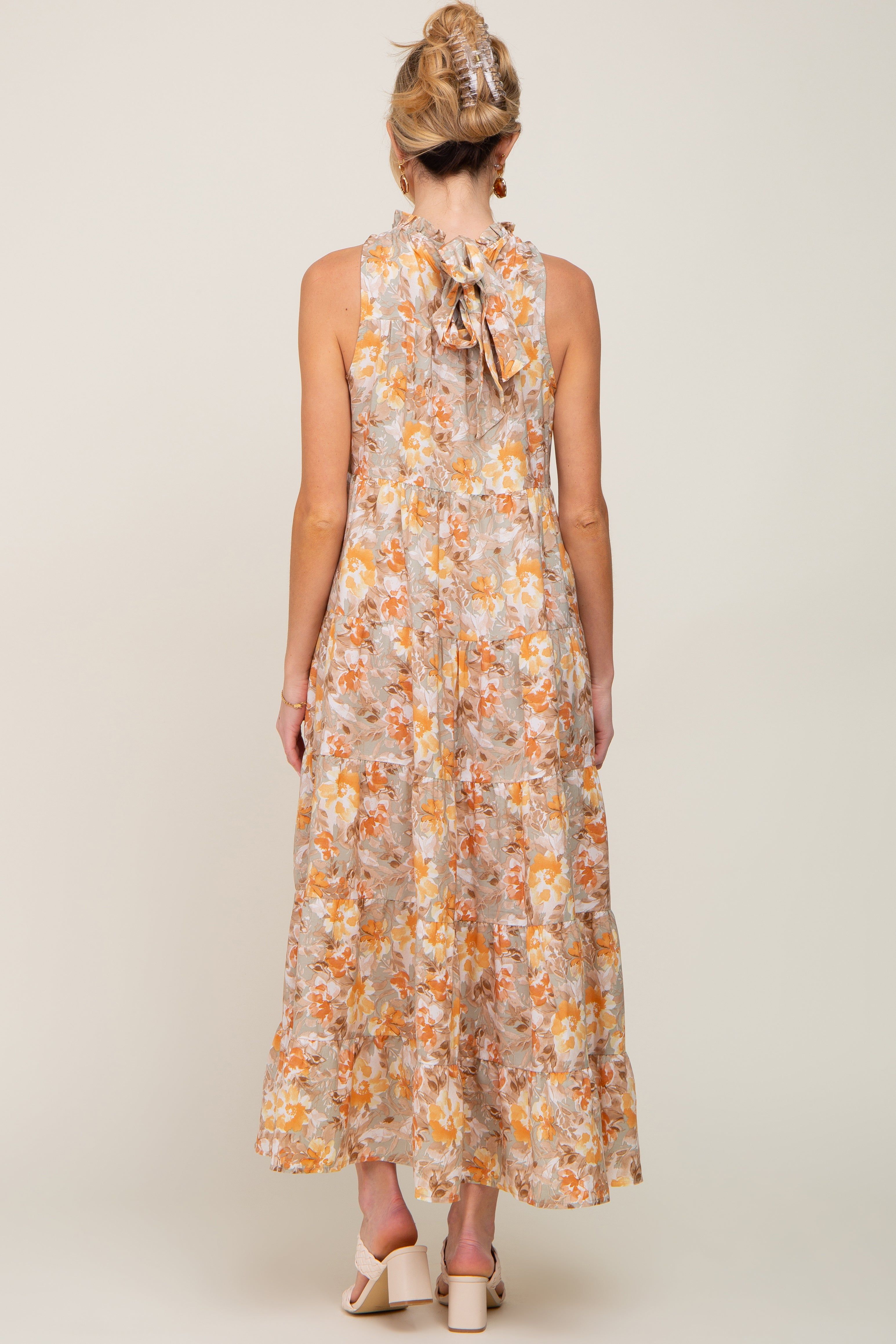 Taupe Floral Ruffle Mock Neck Tiered Maternity Maxi Dress sold by Pinkblush product image thumbnail 4