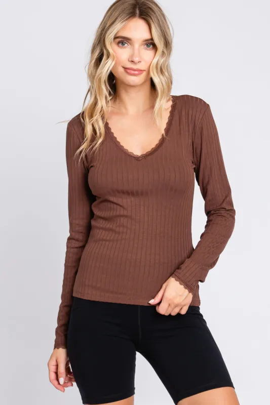 Brown Ribbed Lace V-Neck Top sold by Pinkblush