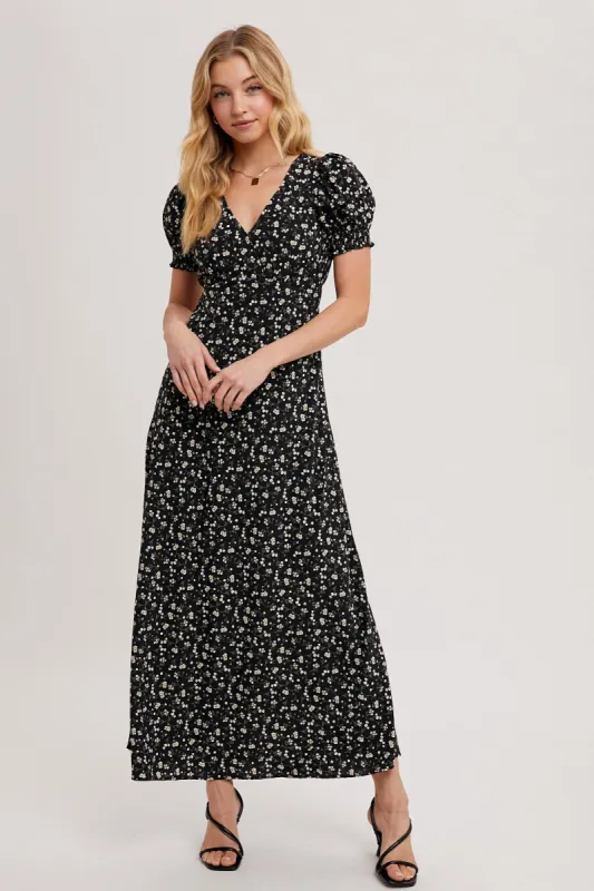 Black Floral Puff Sleeve V Neck Maxi Dress sold by Pinkblush