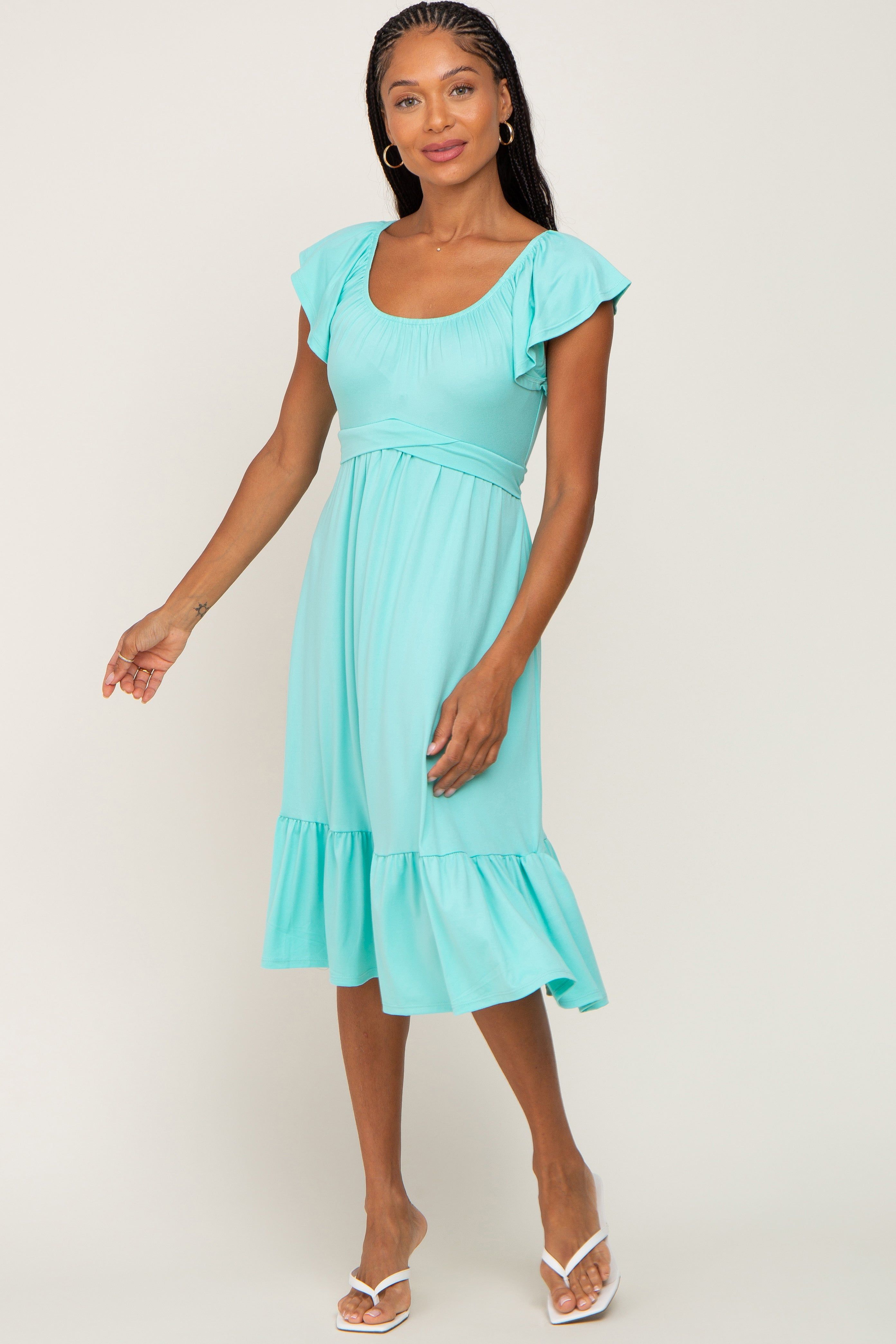 Mint Green Tie Back Flounce Sleeve Midi Dress sold by Pinkblush