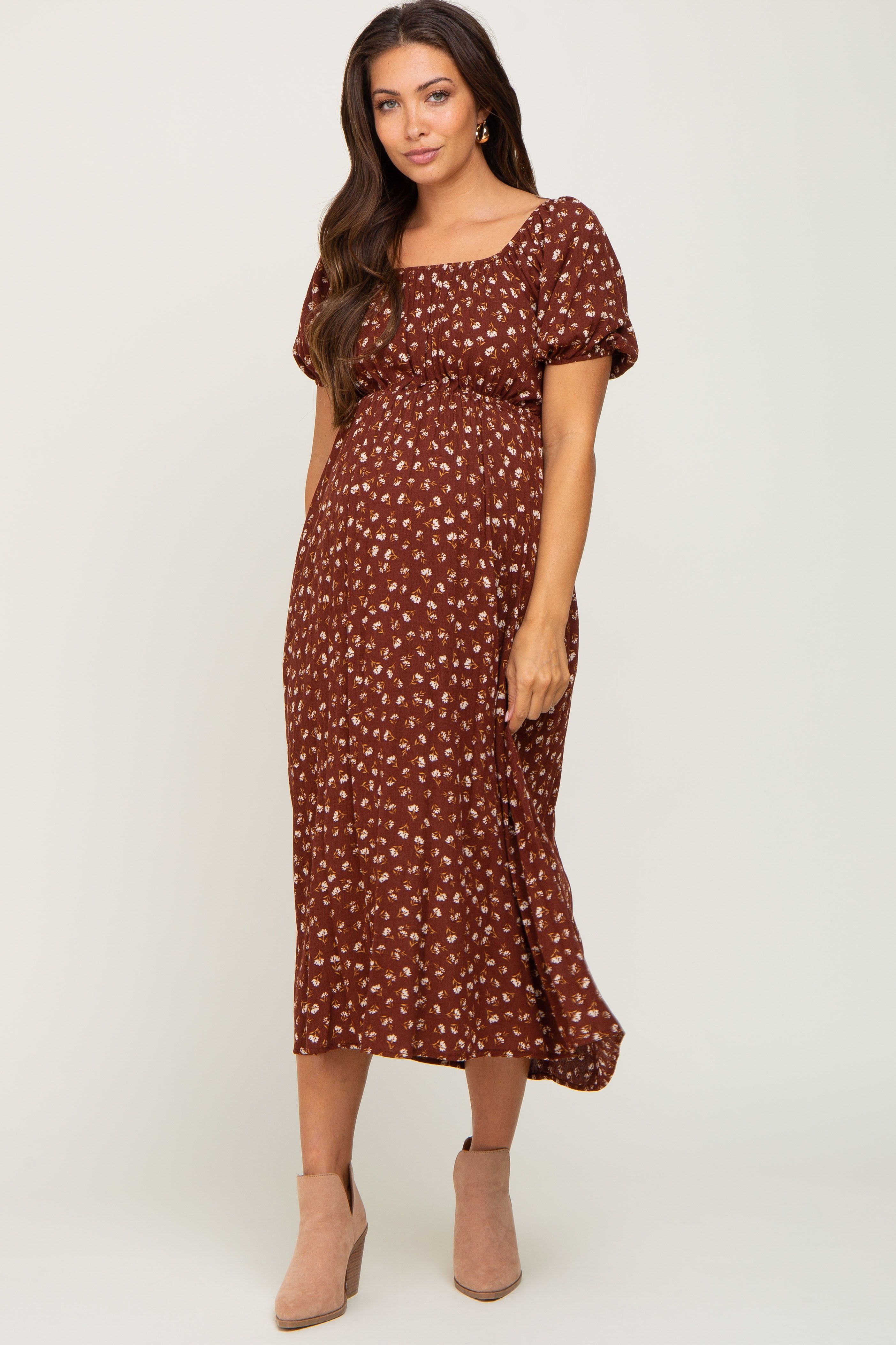 Brown Floral Puff Sleeve Maternity Midi Dress sold by Pinkblush product image thumbnail 5