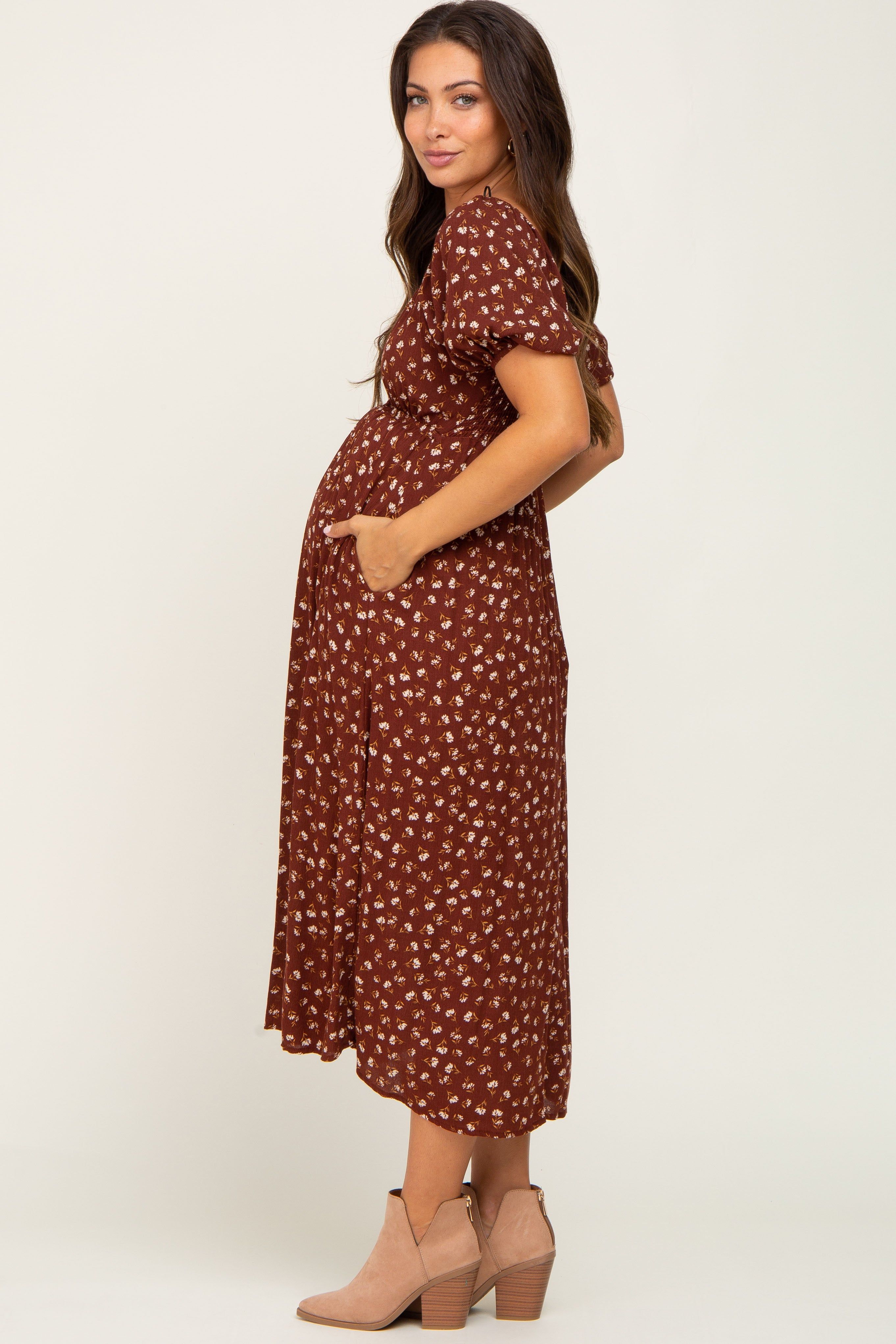 Brown Floral Puff Sleeve Maternity Midi Dress sold by Pinkblush product image thumbnail 2