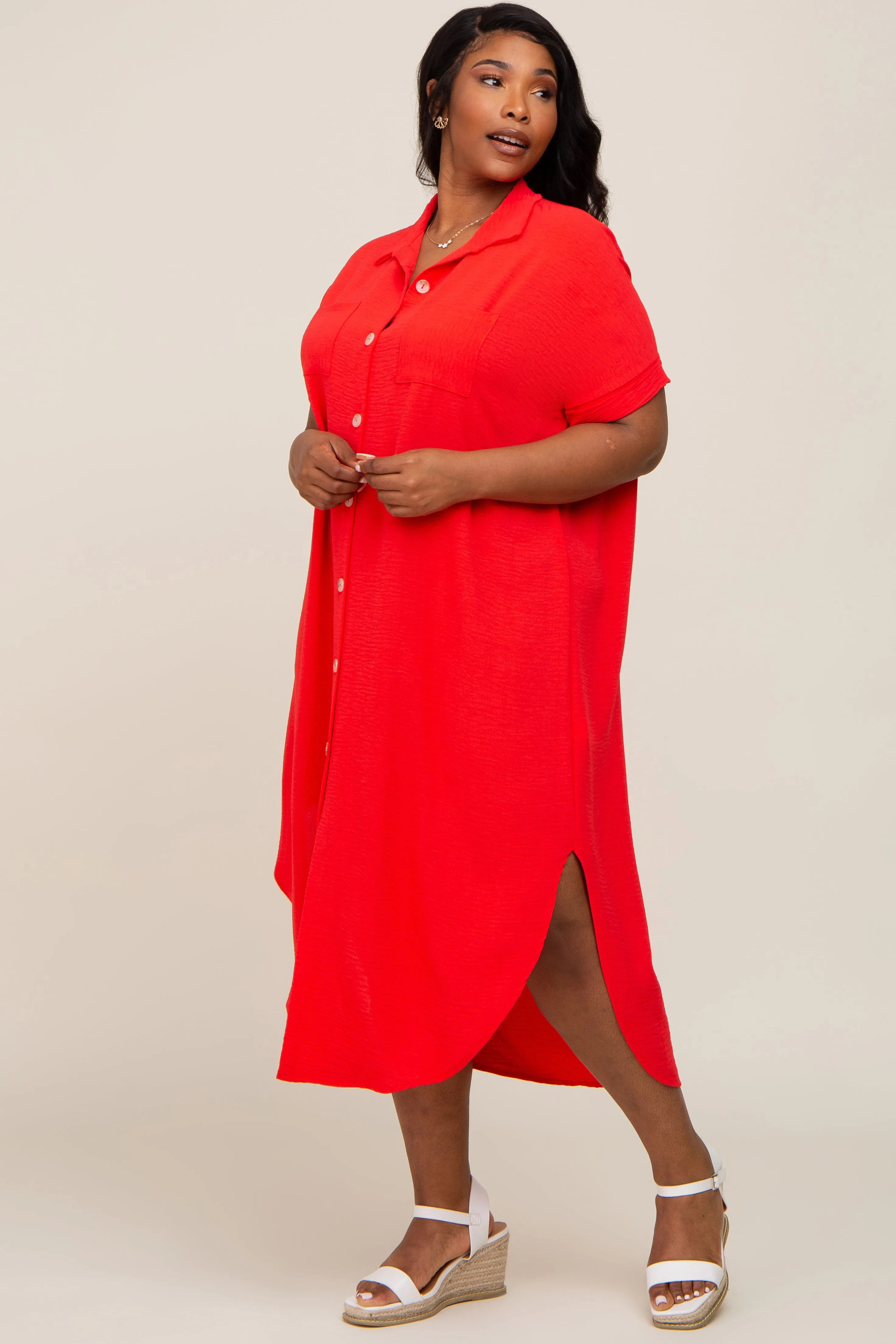 Red Button Down Hi Low Plus Maxi Dress sold by Pinkblush product image thumbnail 2