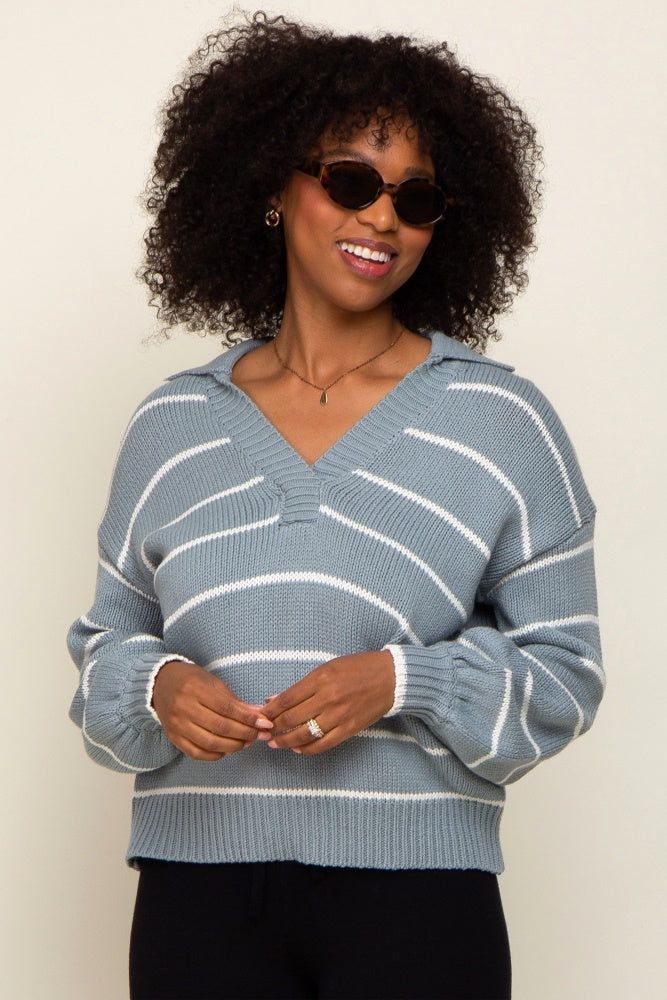Light Blue Striped V-Neck Collared Sweater sold by Pinkblush
