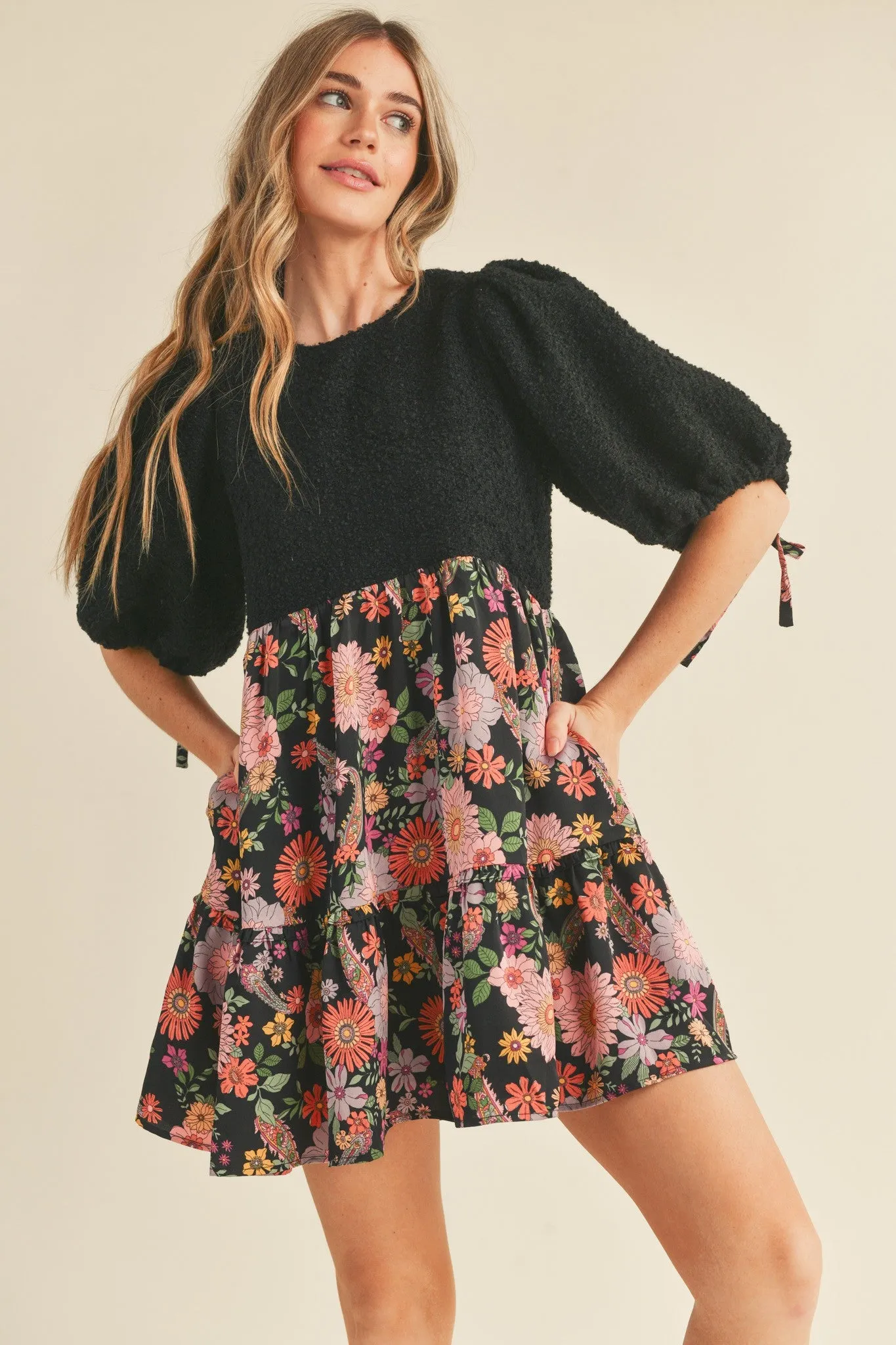 Black Multi Floral Boucle Mini Dress sold by Pinkblush