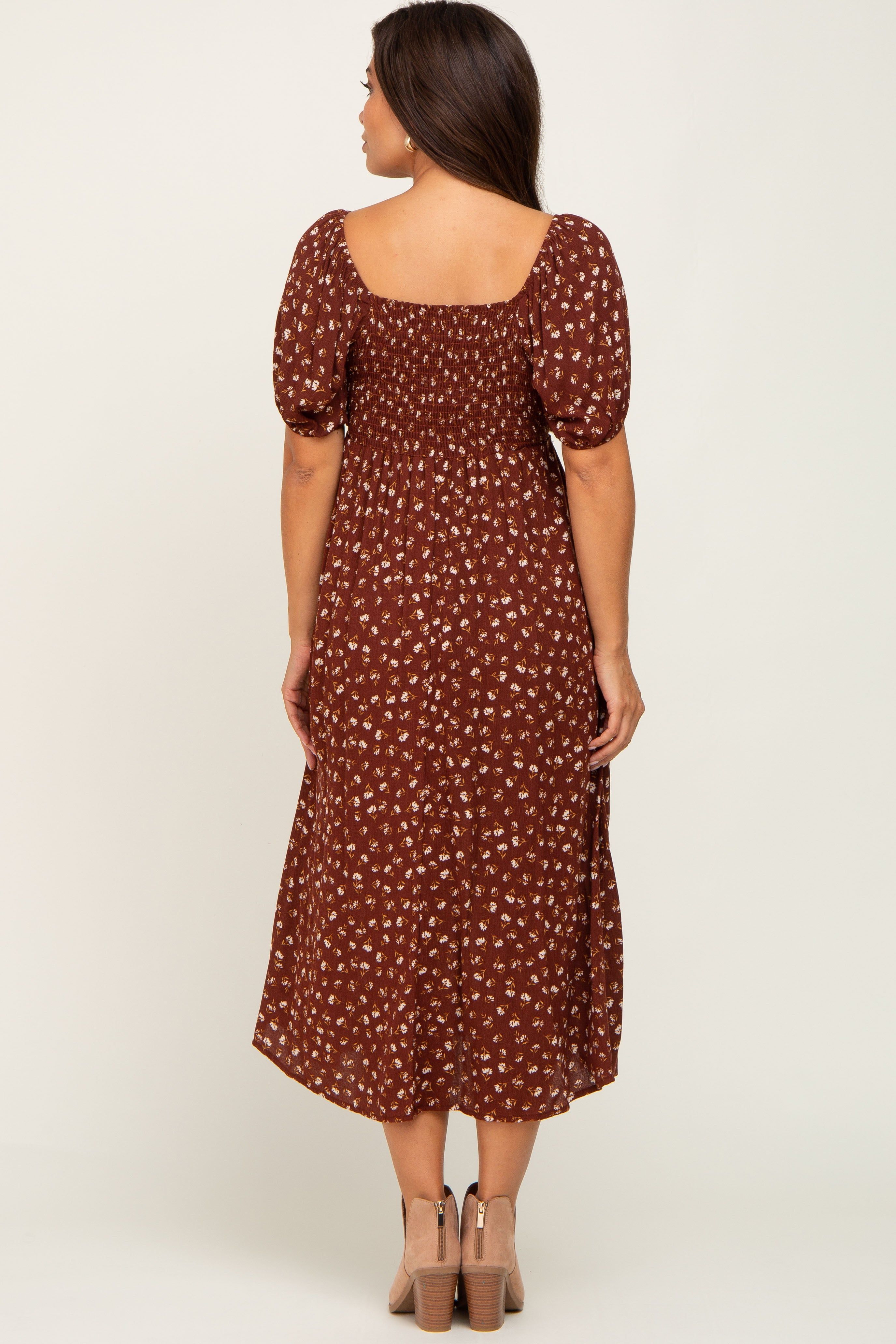 Brown Floral Puff Sleeve Maternity Midi Dress sold by Pinkblush product image thumbnail 3
