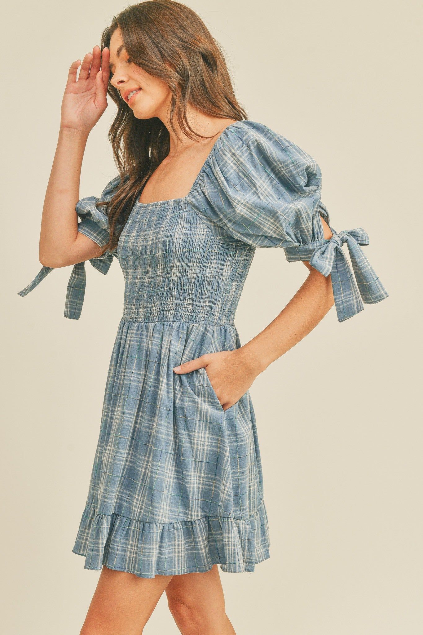 Blue Plaid Plaid Smocked Mini Dress sold by Pinkblush product image thumbnail 2
