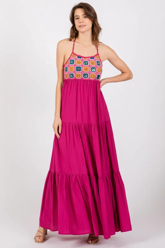 Magenta Crochet Cutout Halter Maxi Dress sold by Pinkblush