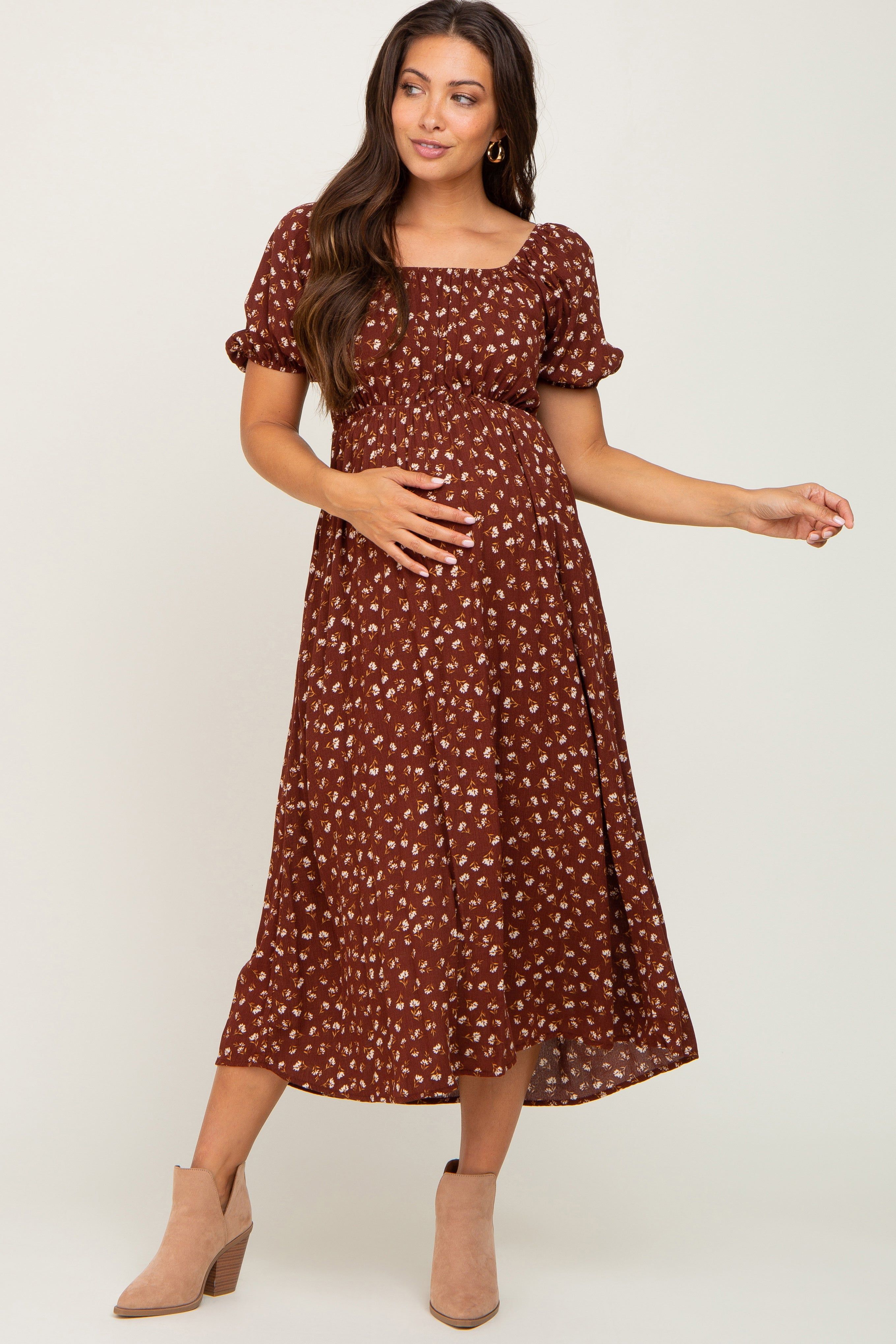 Brown Floral Puff Sleeve Maternity Midi Dress sold by Pinkblush