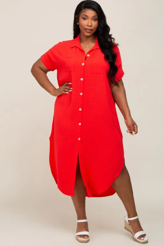 Red Button Down Hi Low Plus Maxi Dress sold by Pinkblush