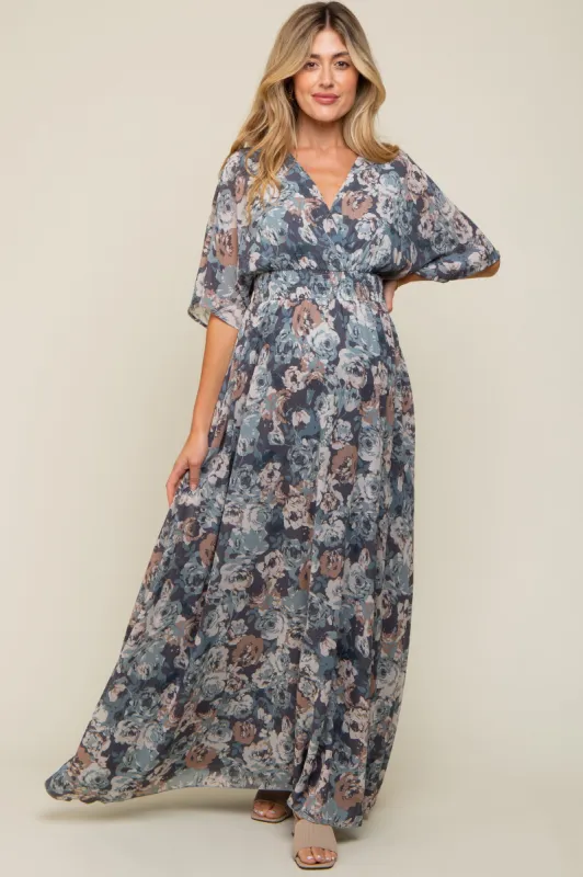 Blue Floral Wrap Front V-Neck Smocked Waist Maternity Maxi Dress sold by Pinkblush