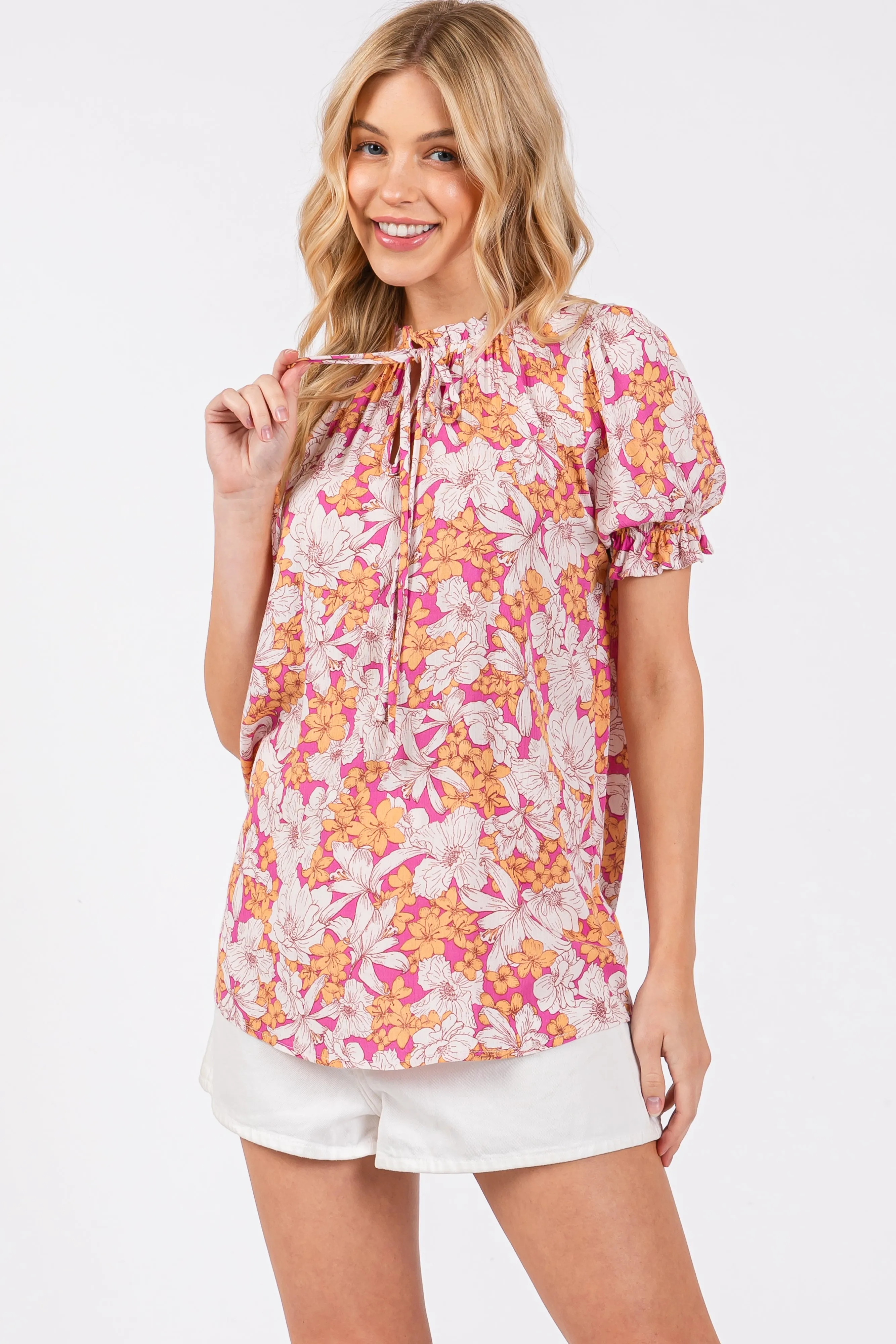 Magenta Floral Ruffle Tie Blouse sold by Pinkblush