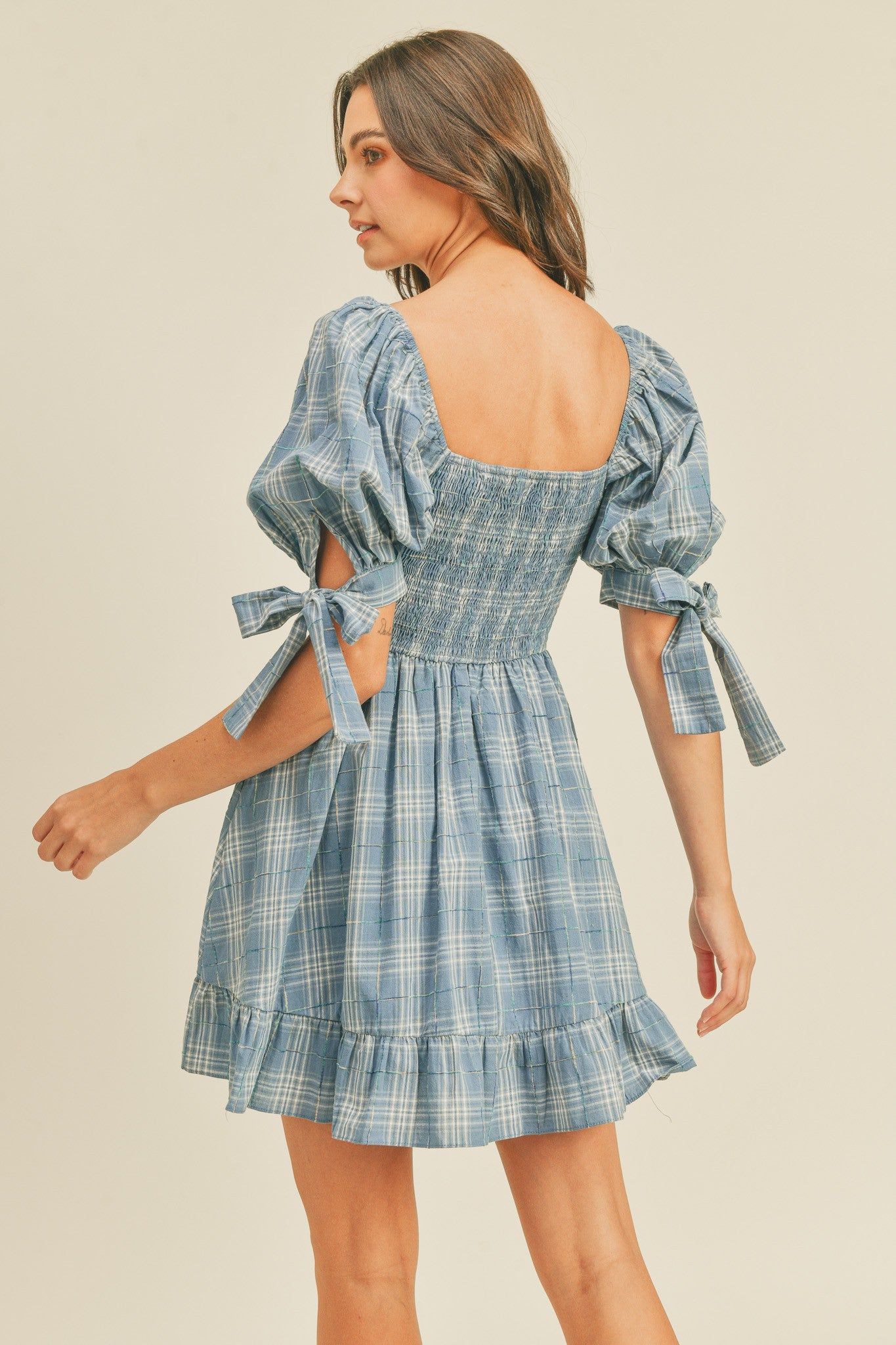Blue Plaid Plaid Smocked Mini Dress sold by Pinkblush product image thumbnail 3