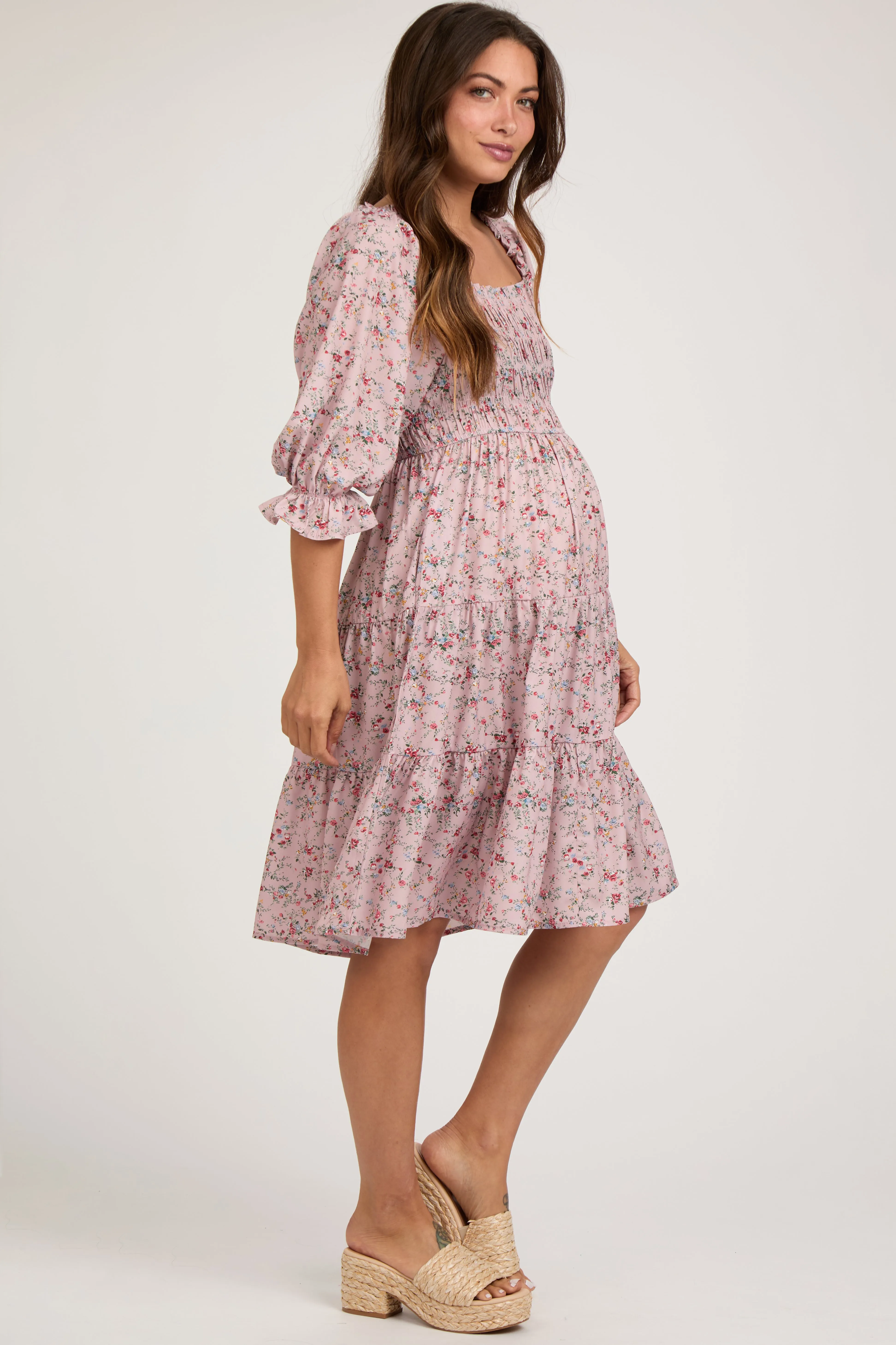 Light Pink Floral Smocked Maternity Knee Length Dress sold by Pinkblush product image thumbnail 3