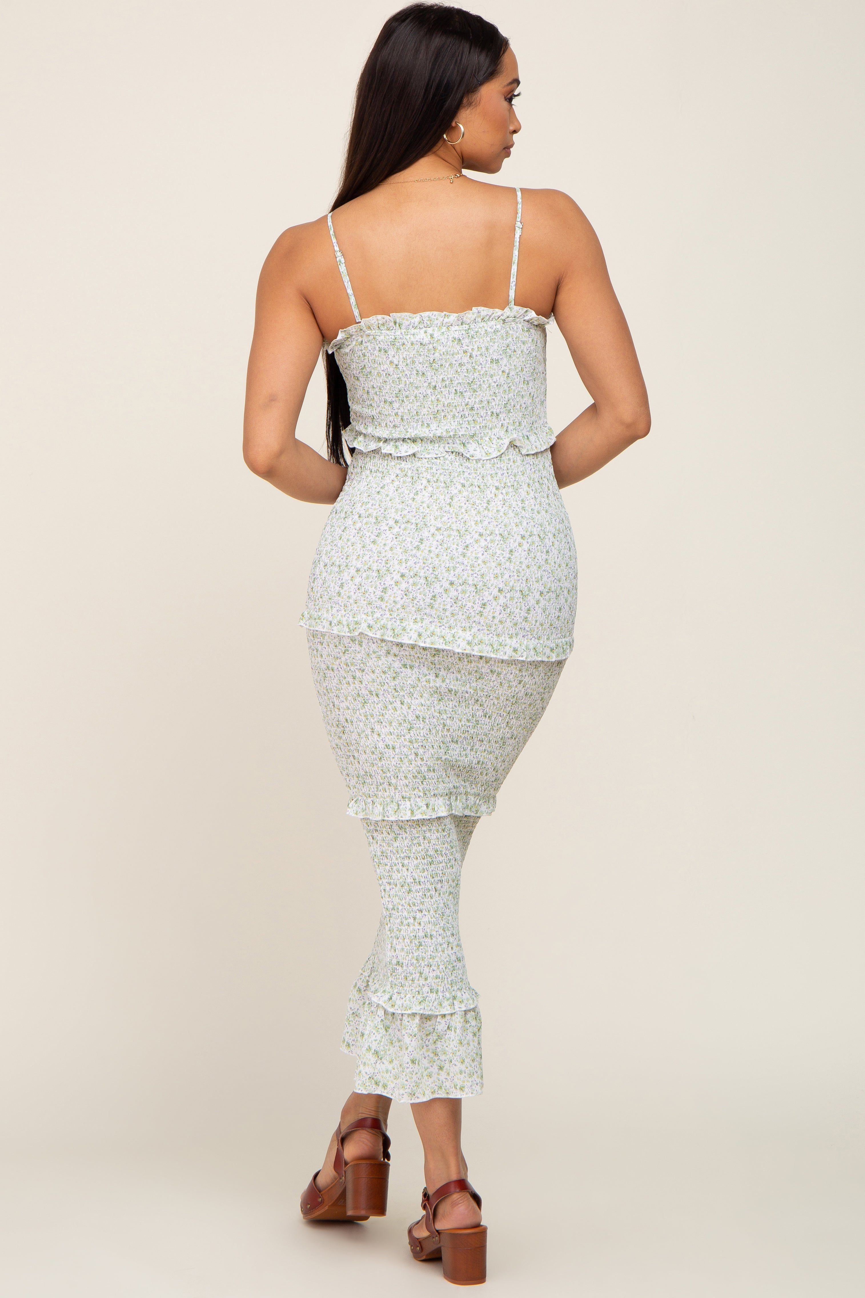 Light Olive Floral Chiffon Smocked Tiered Square Neck Midi Dress sold by Pinkblush product image thumbnail 3