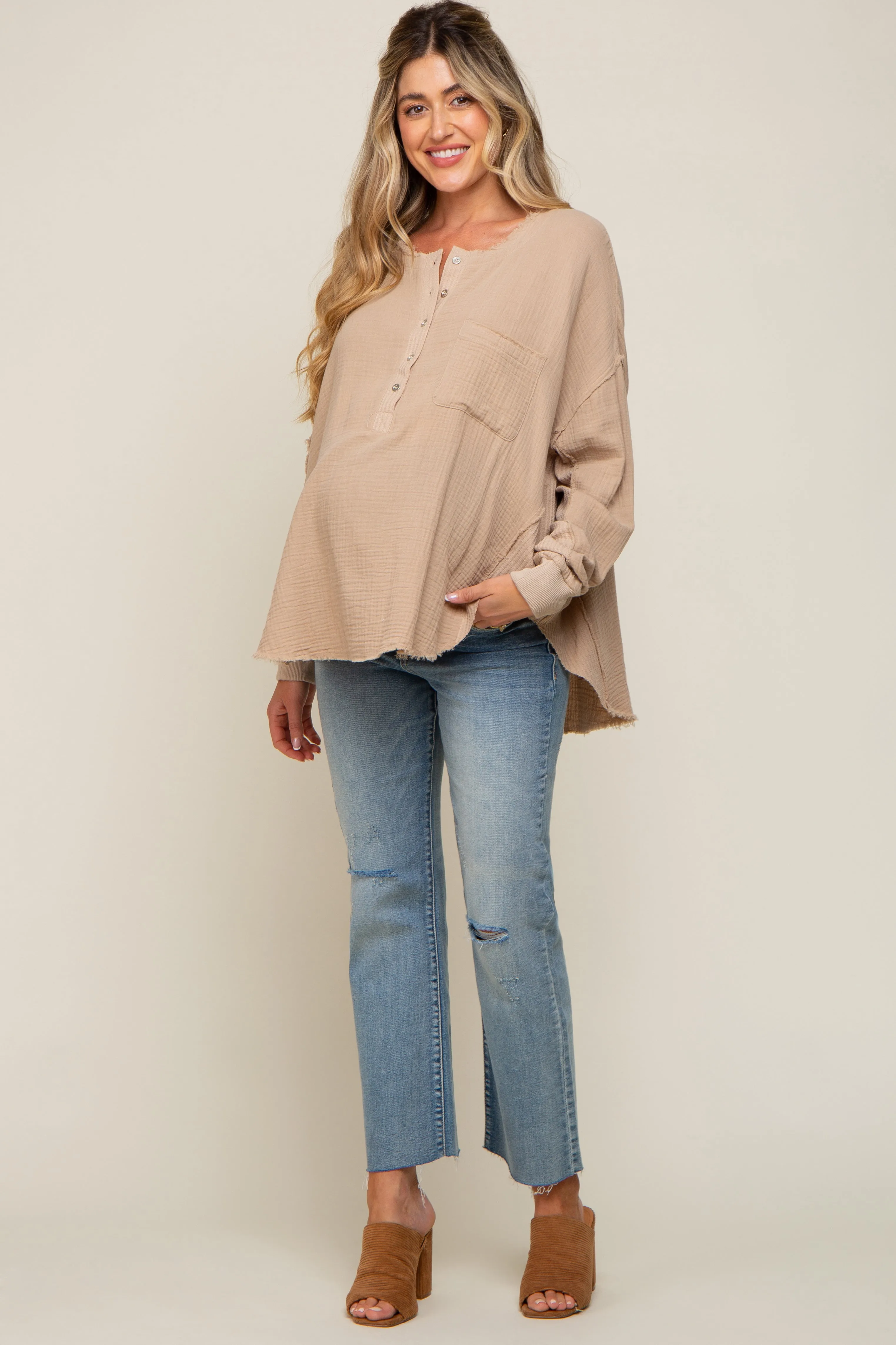 Beige Front Button Drop Shoulder Long Sleeve Maternity Top sold by Pinkblush product image thumbnail 5