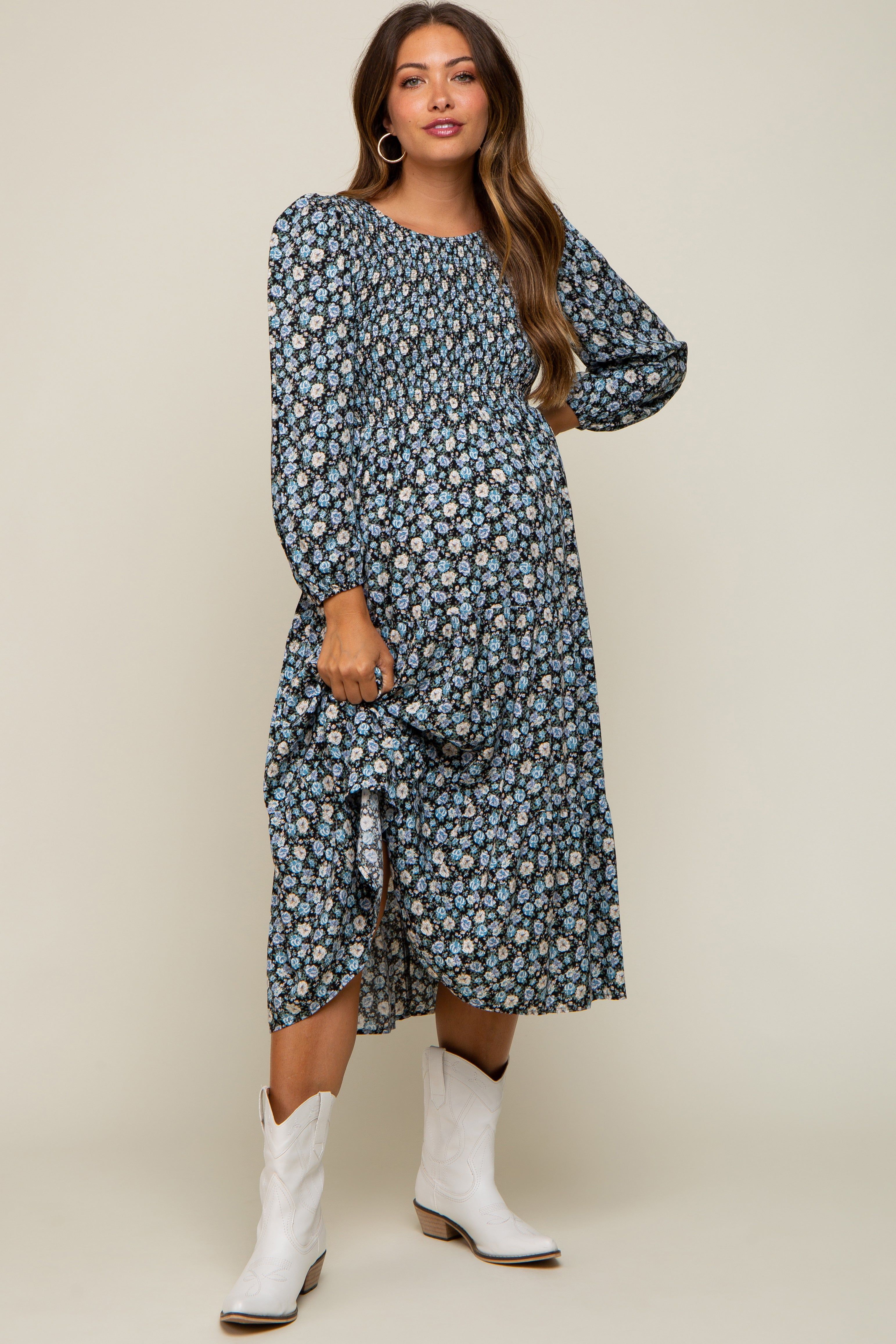 Black Floral Smocked 3/4 Sleeve Maternity Midi Dress sold by Pinkblush product image thumbnail 4