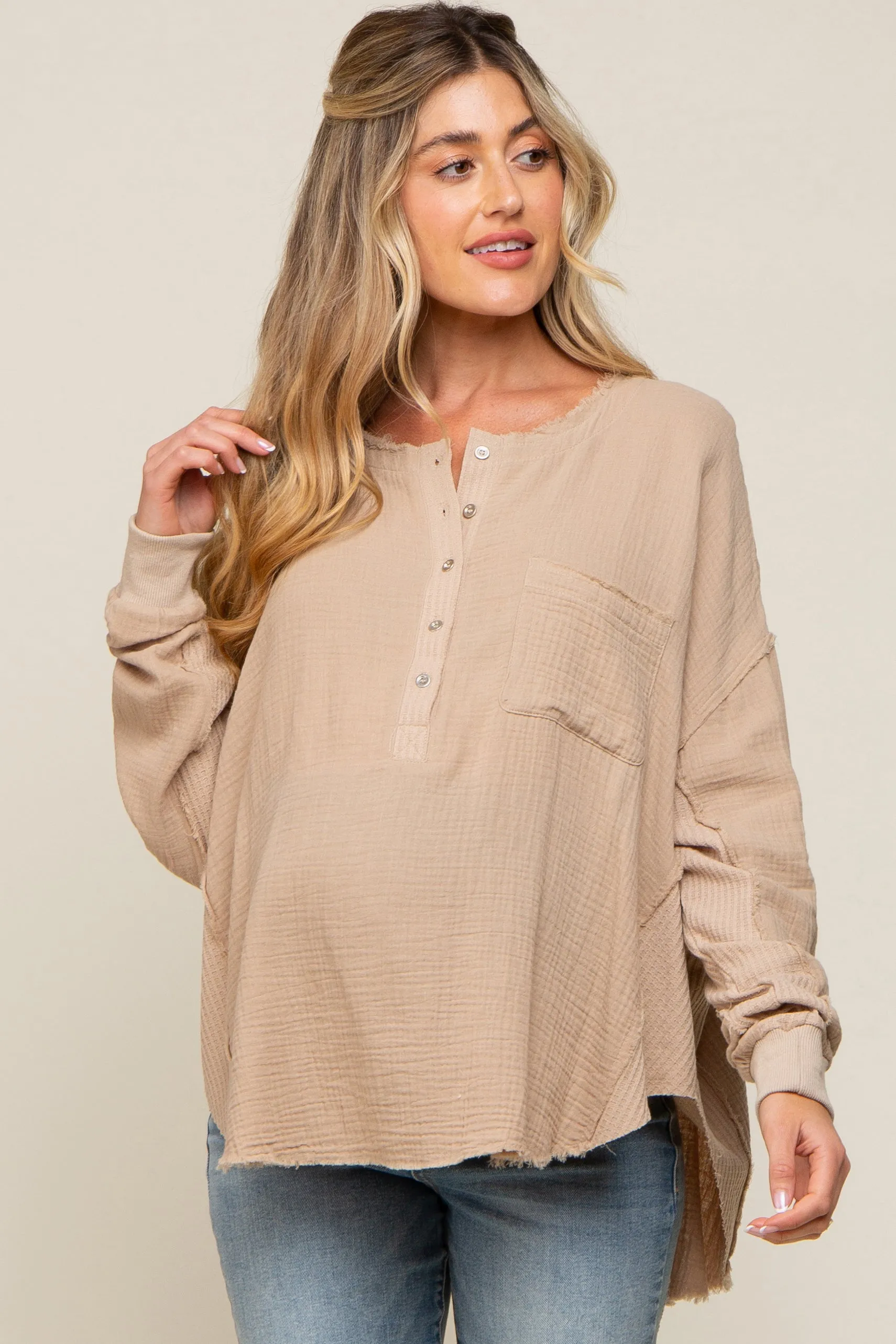 Beige Front Button Drop Shoulder Long Sleeve Maternity Top sold by Pinkblush product image thumbnail 2