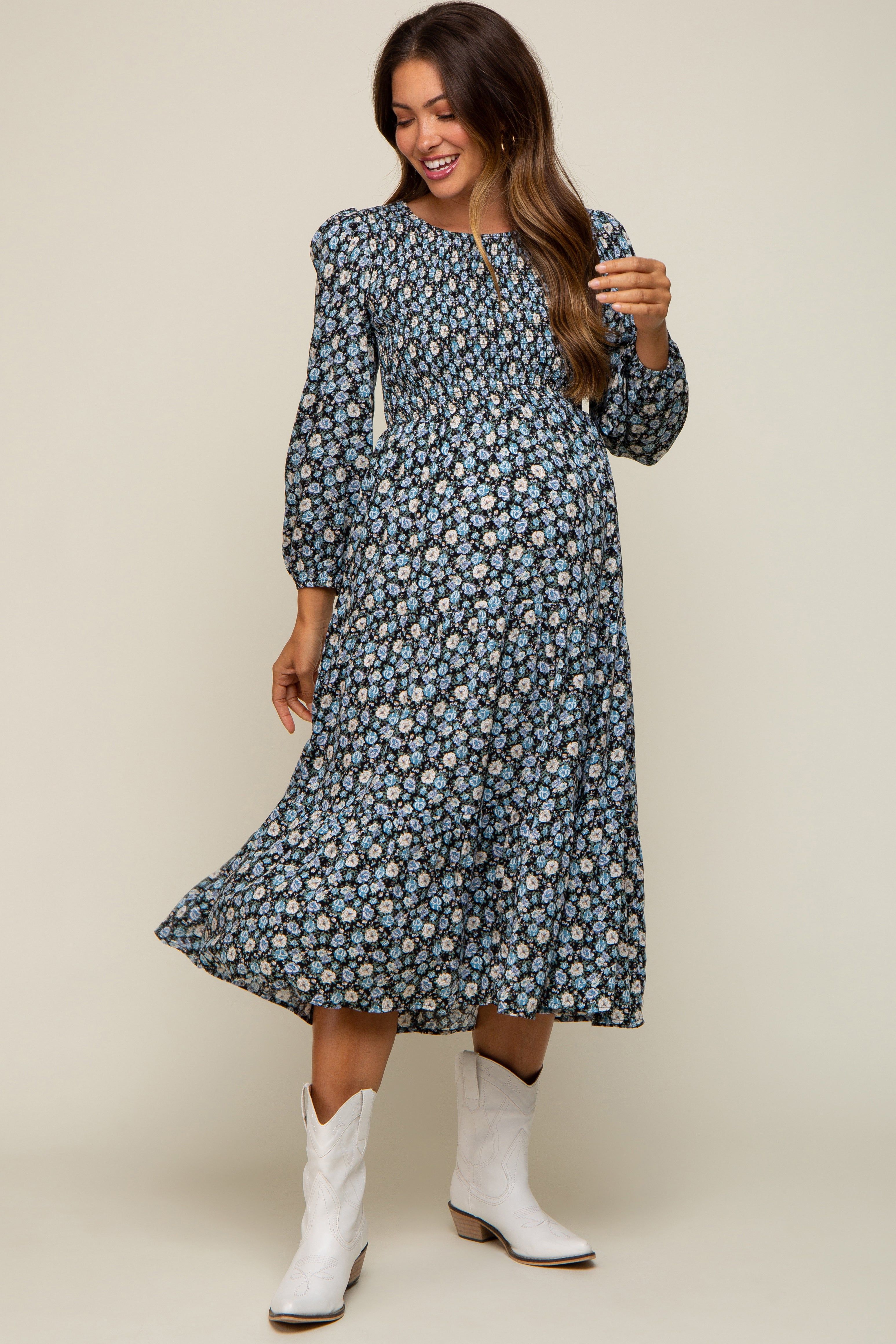 Black Floral Smocked 3/4 Sleeve Maternity Midi Dress sold by Pinkblush
