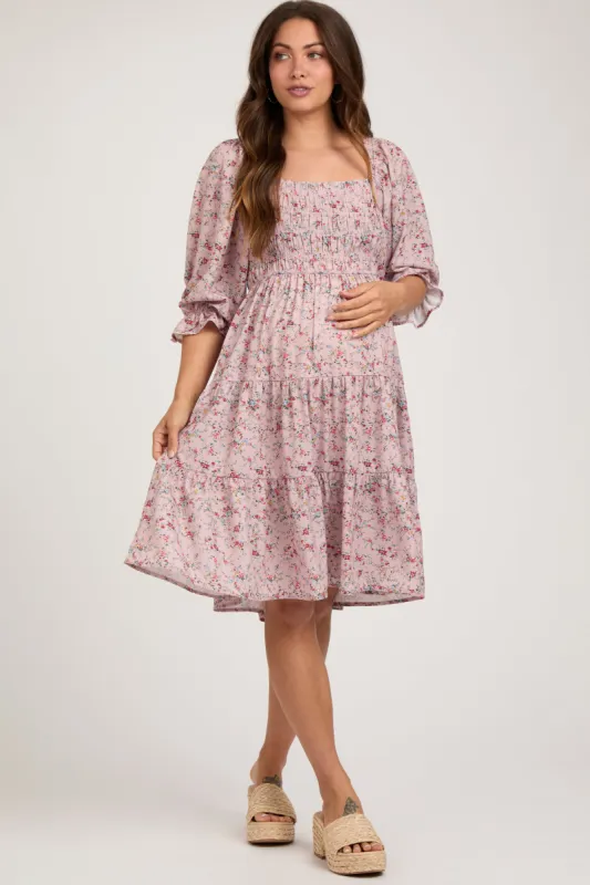 Light Pink Floral Smocked Maternity Knee Length Dress sold by Pinkblush