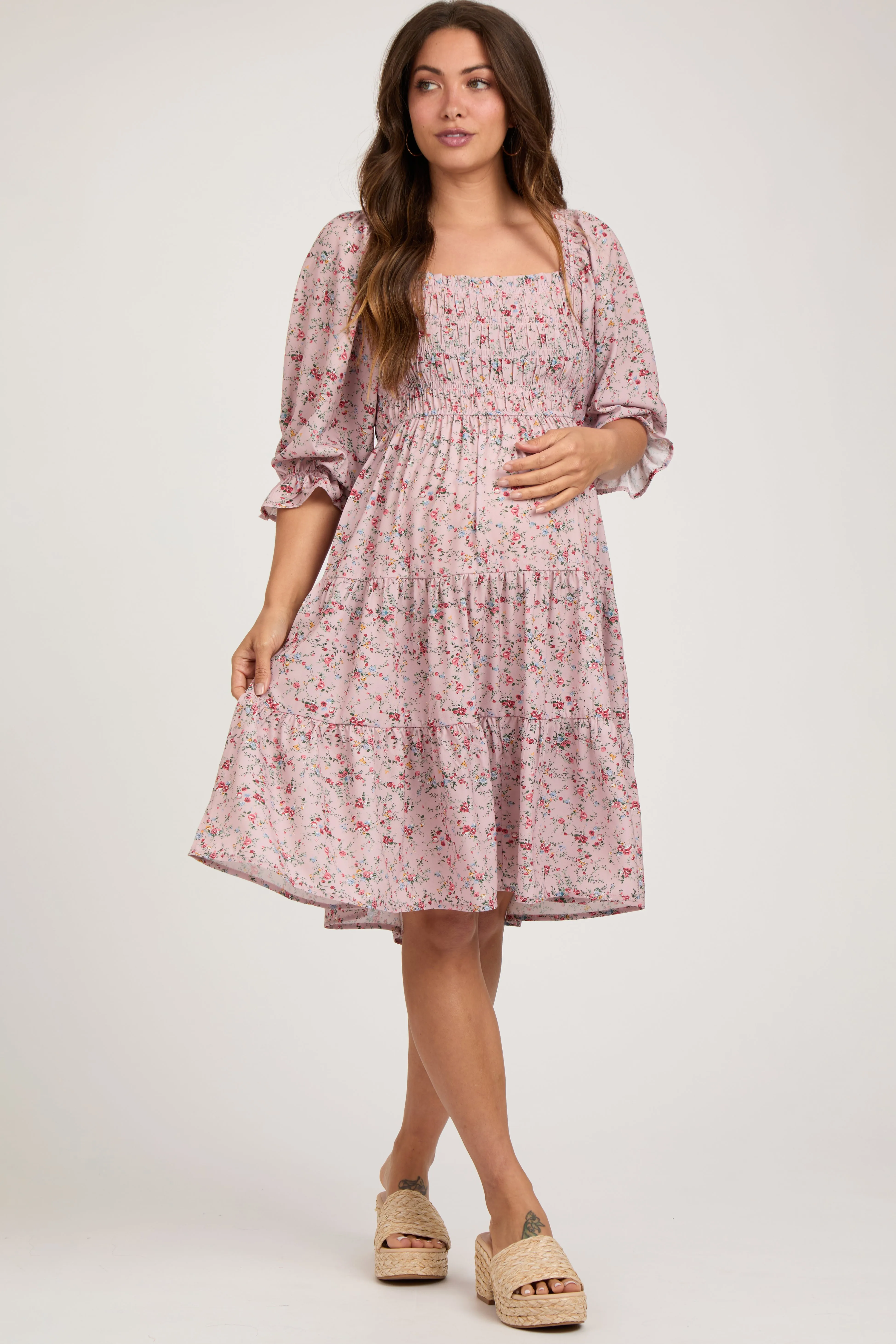 Light Pink Floral Smocked Maternity Knee Length Dress sold by Pinkblush