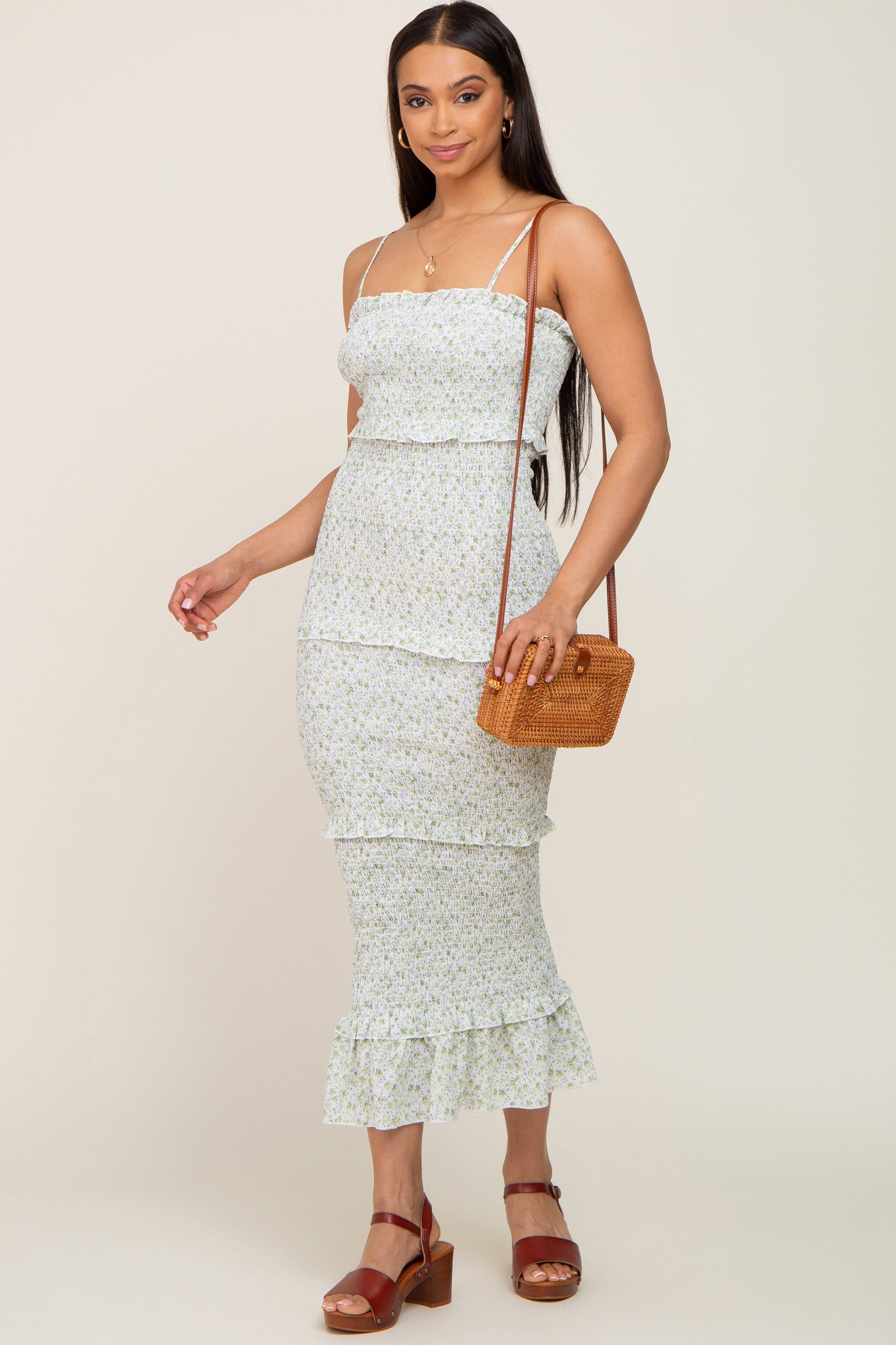 Light Olive Floral Chiffon Smocked Tiered Square Neck Midi Dress sold by Pinkblush