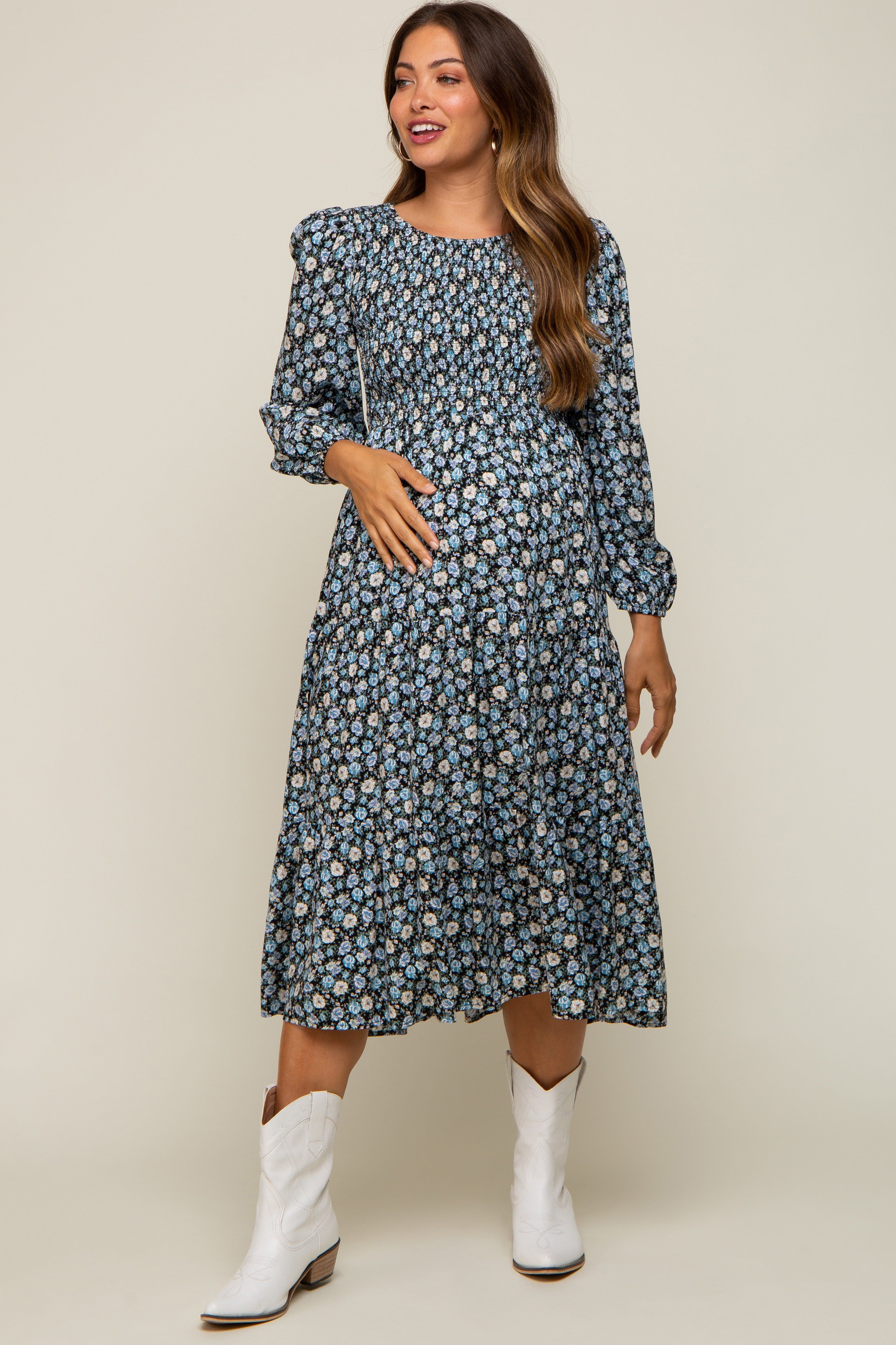 Black Floral Smocked 3/4 Sleeve Maternity Midi Dress sold by Pinkblush product image thumbnail 5