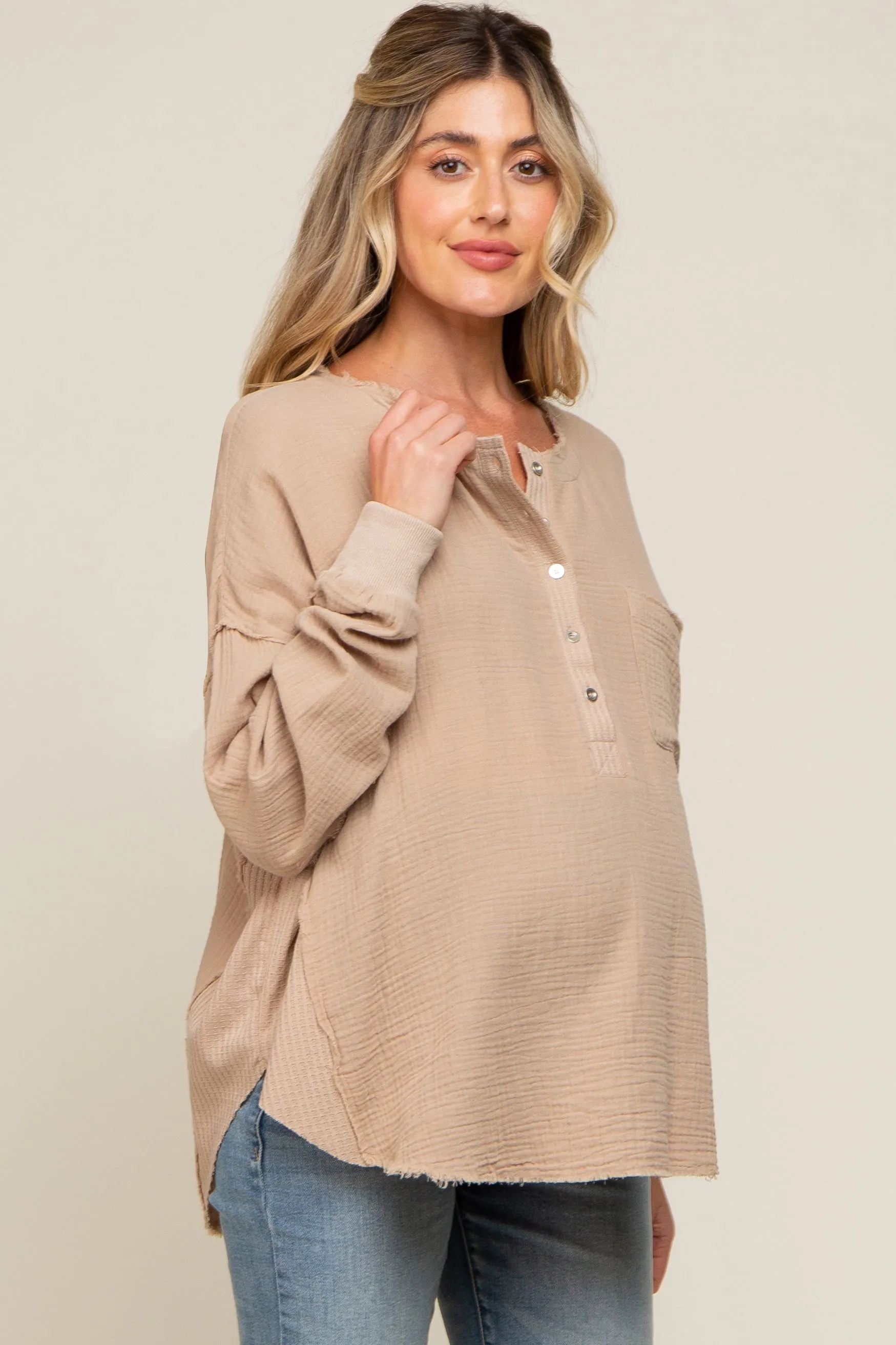 Beige Front Button Drop Shoulder Long Sleeve Maternity Top sold by Pinkblush product image thumbnail 3
