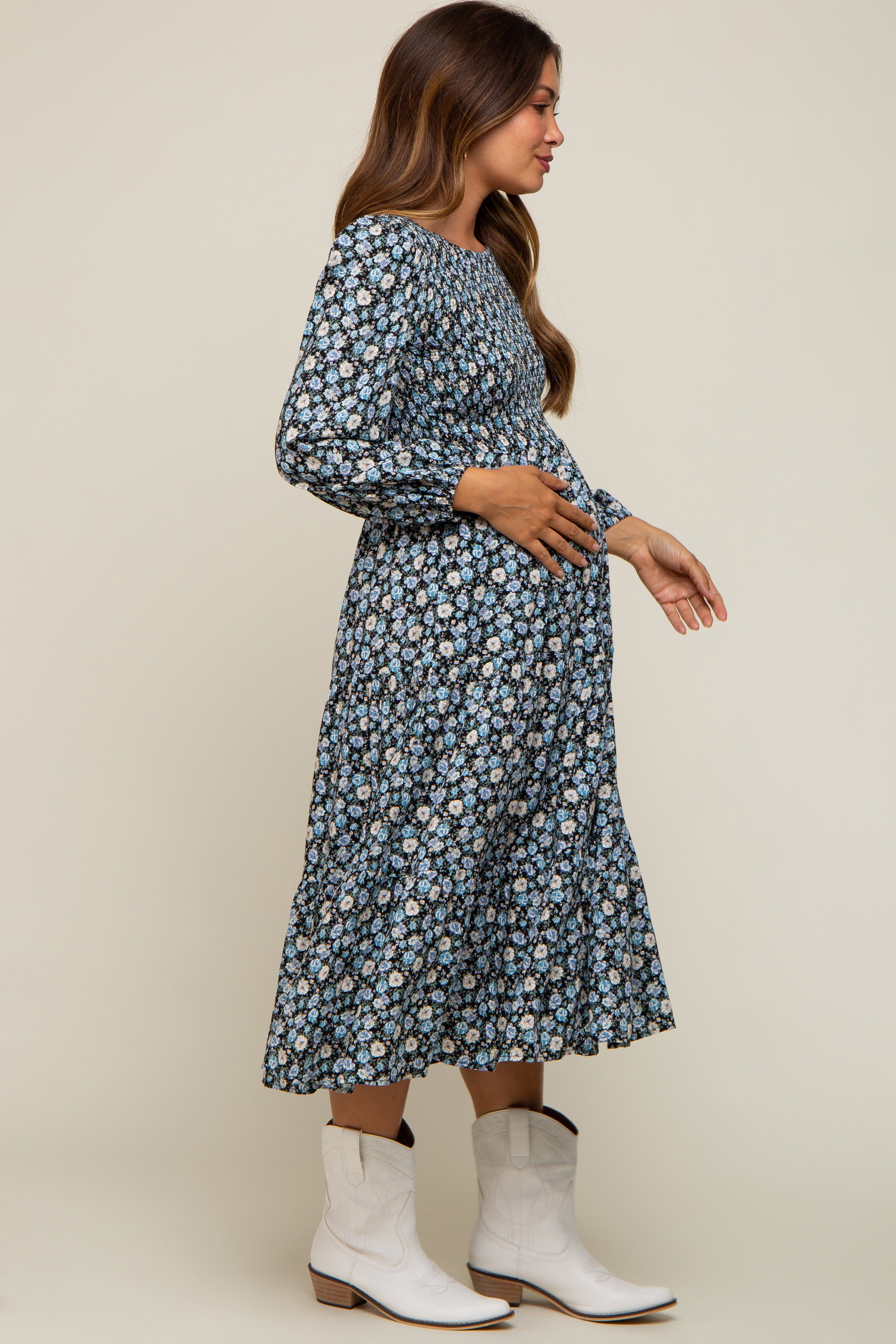 Black Floral Smocked 3/4 Sleeve Maternity Midi Dress sold by Pinkblush product image thumbnail 2
