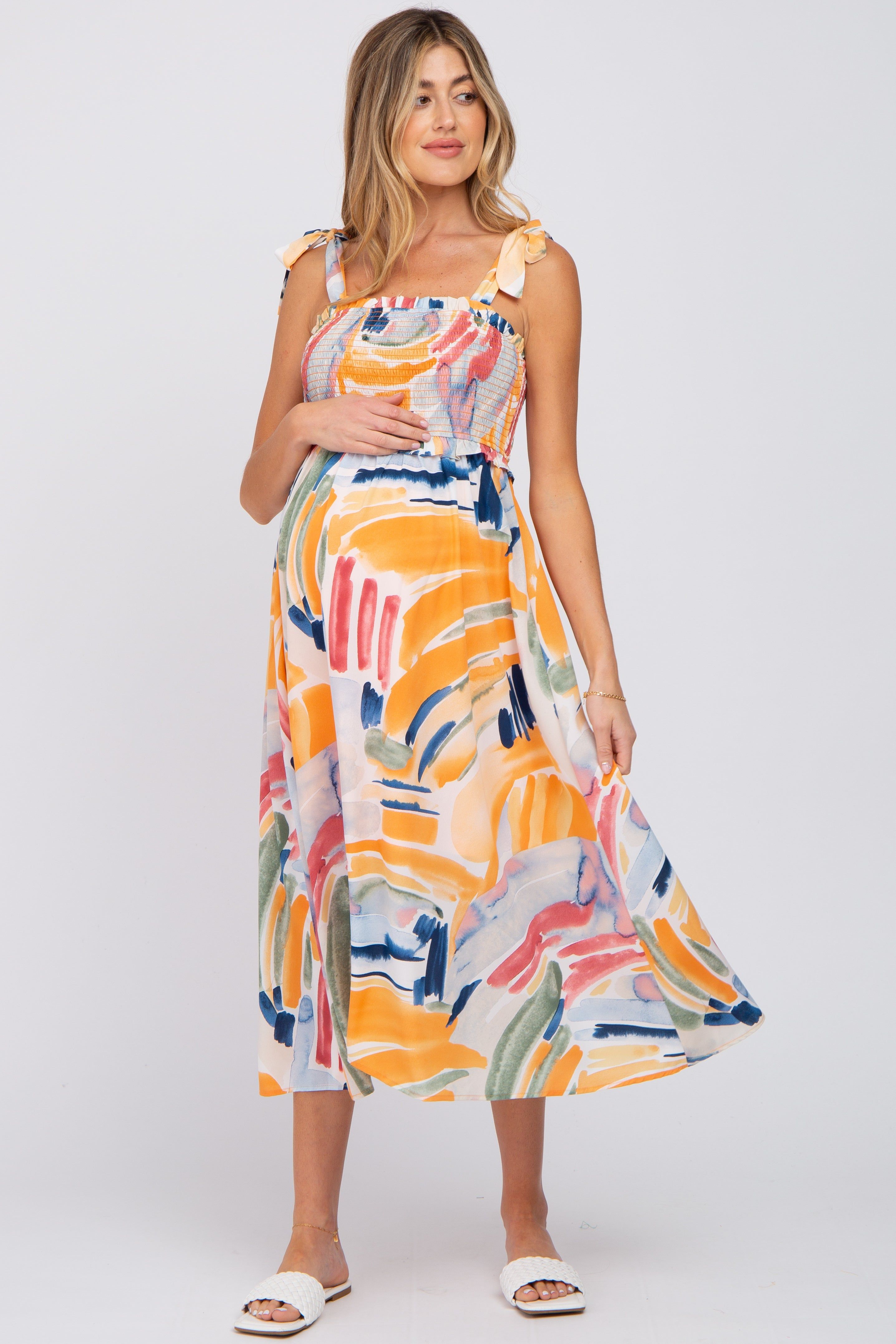 Blue Multi-Colored Stroke Print Smocked Maternity Midi Dress sold by Pinkblush product image thumbnail 4