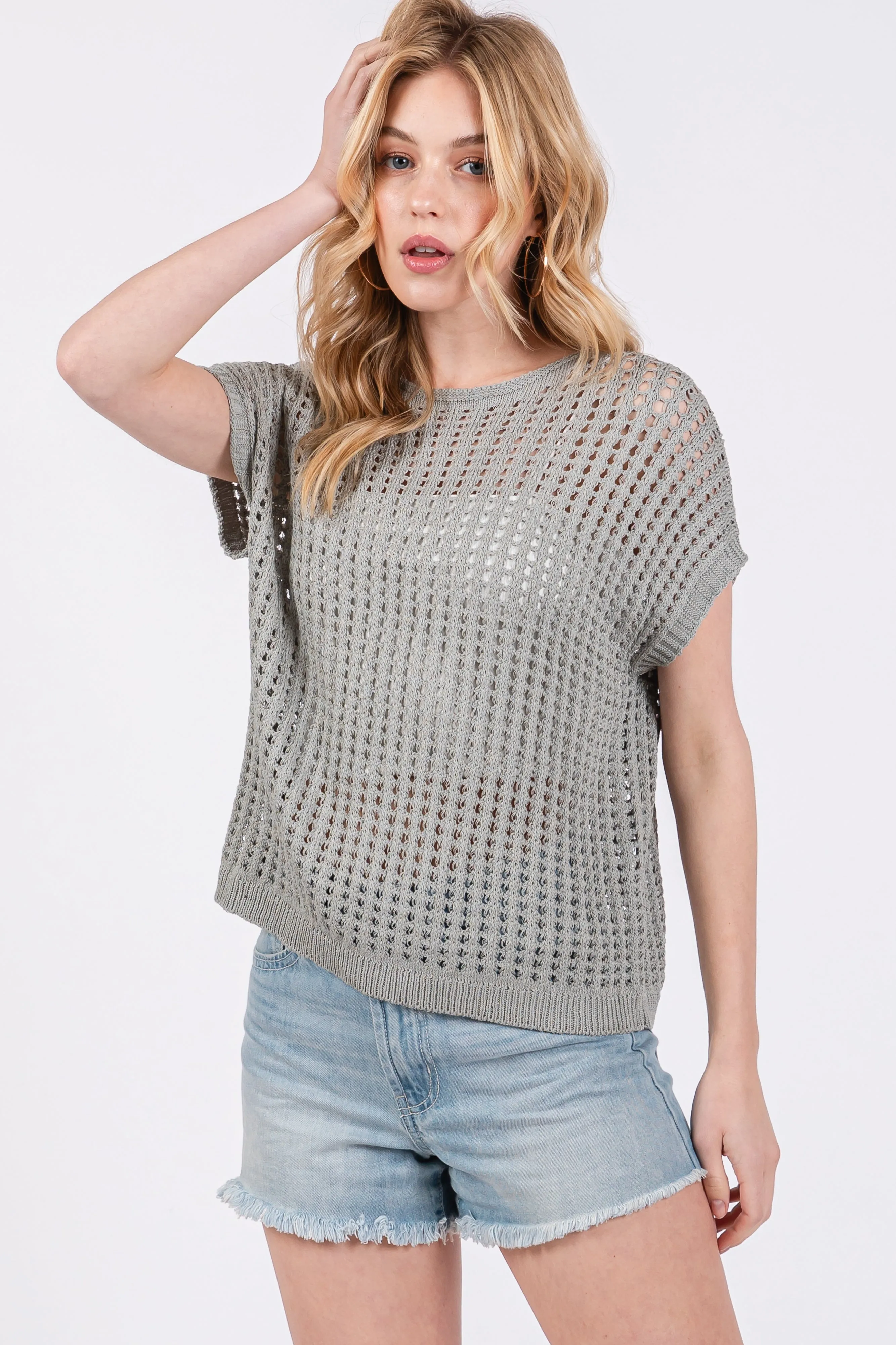 Olive Green Open Knit Top sold by Pinkblush