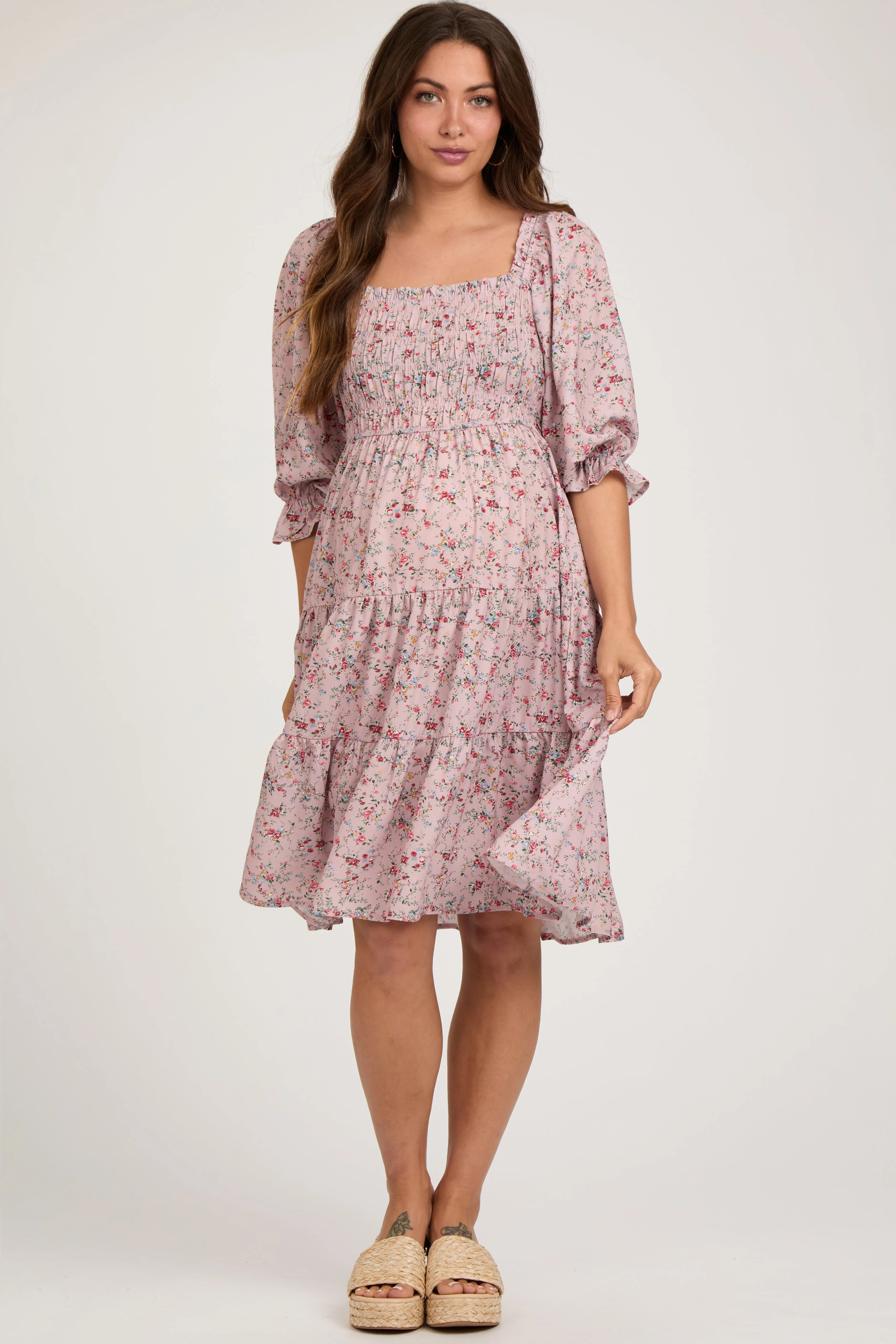 Light Pink Floral Smocked Maternity Knee Length Dress sold by Pinkblush product image thumbnail 2