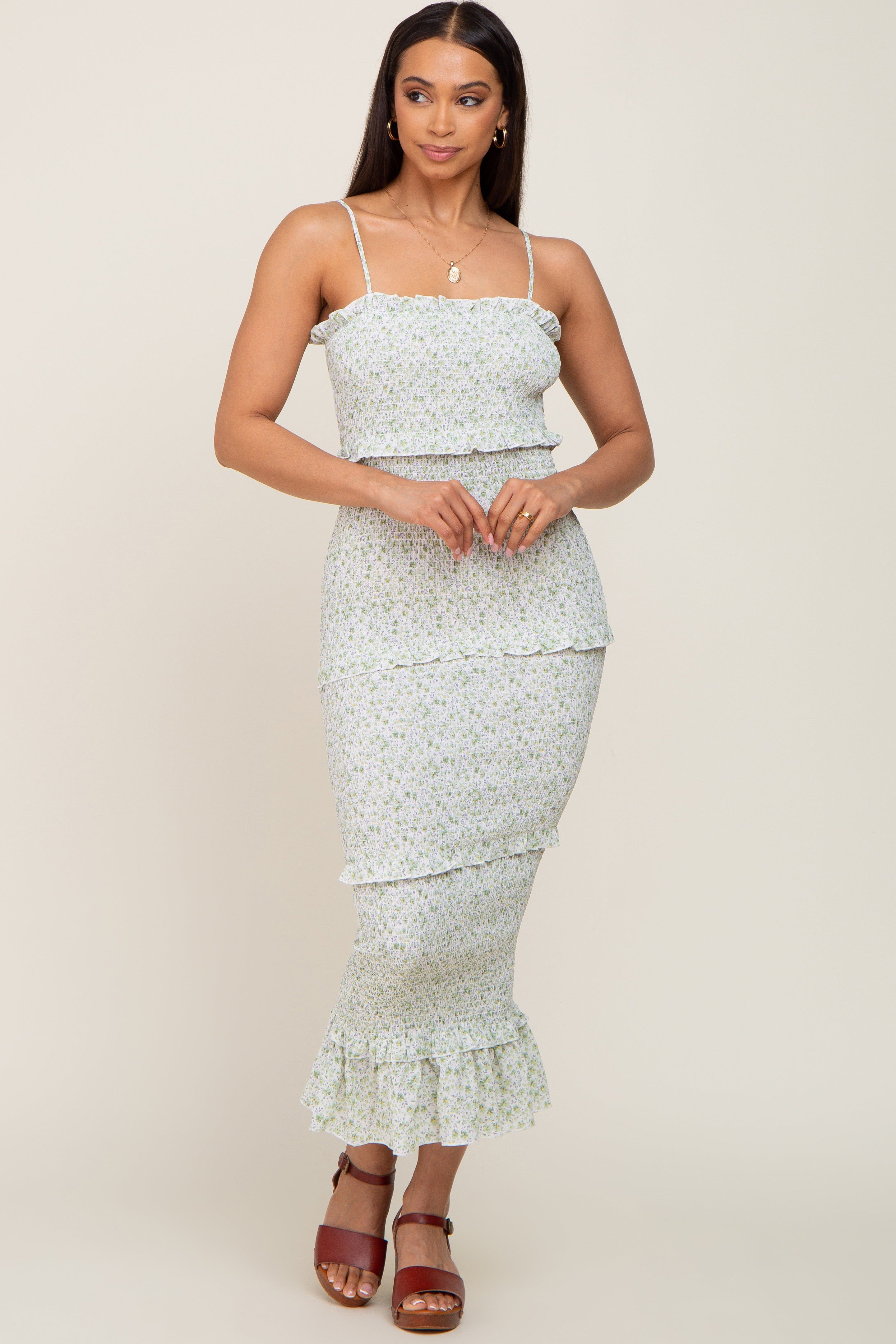 Light Olive Floral Chiffon Smocked Tiered Square Neck Midi Dress sold by Pinkblush product image thumbnail 5