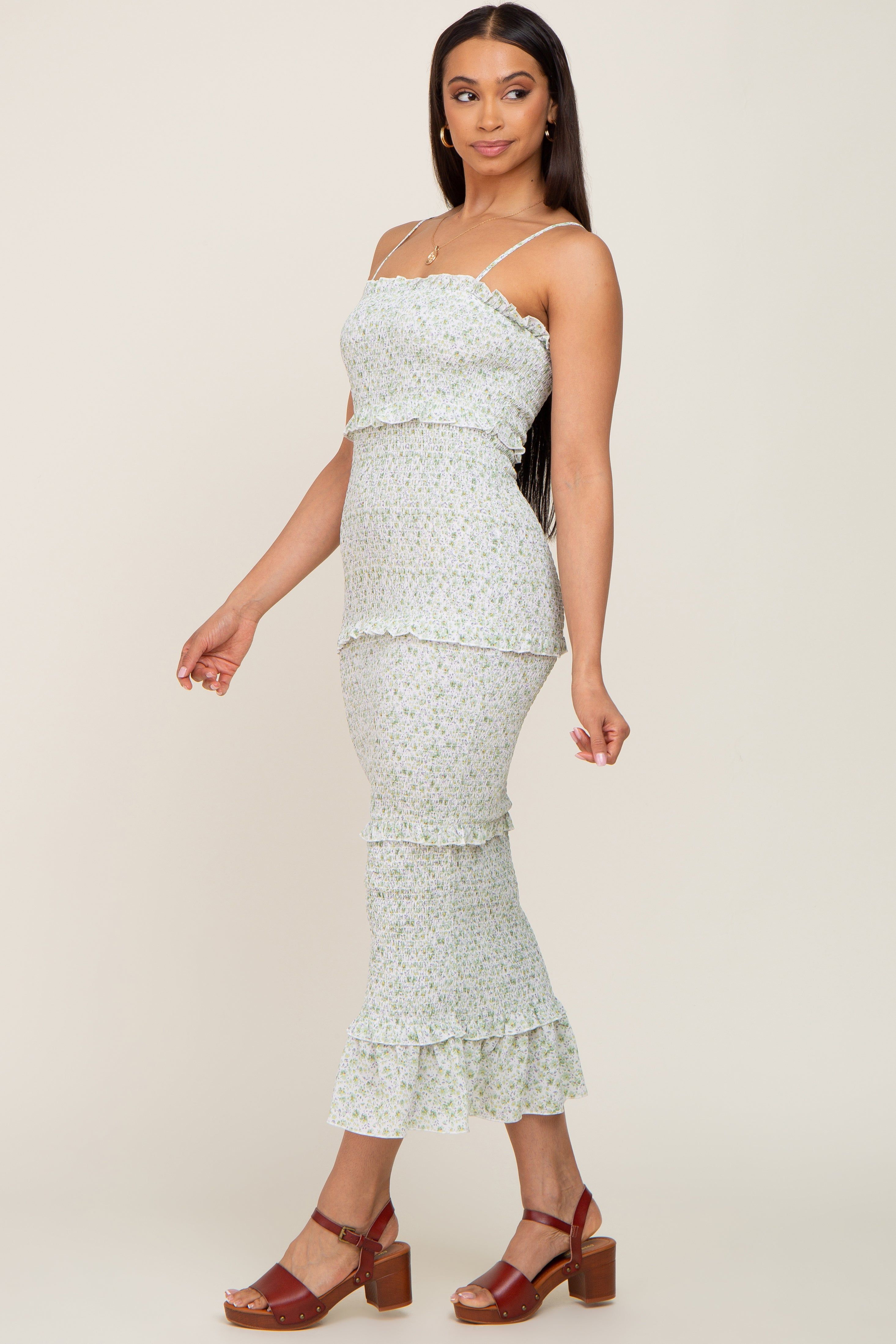 Light Olive Floral Chiffon Smocked Tiered Square Neck Midi Dress sold by Pinkblush product image thumbnail 2