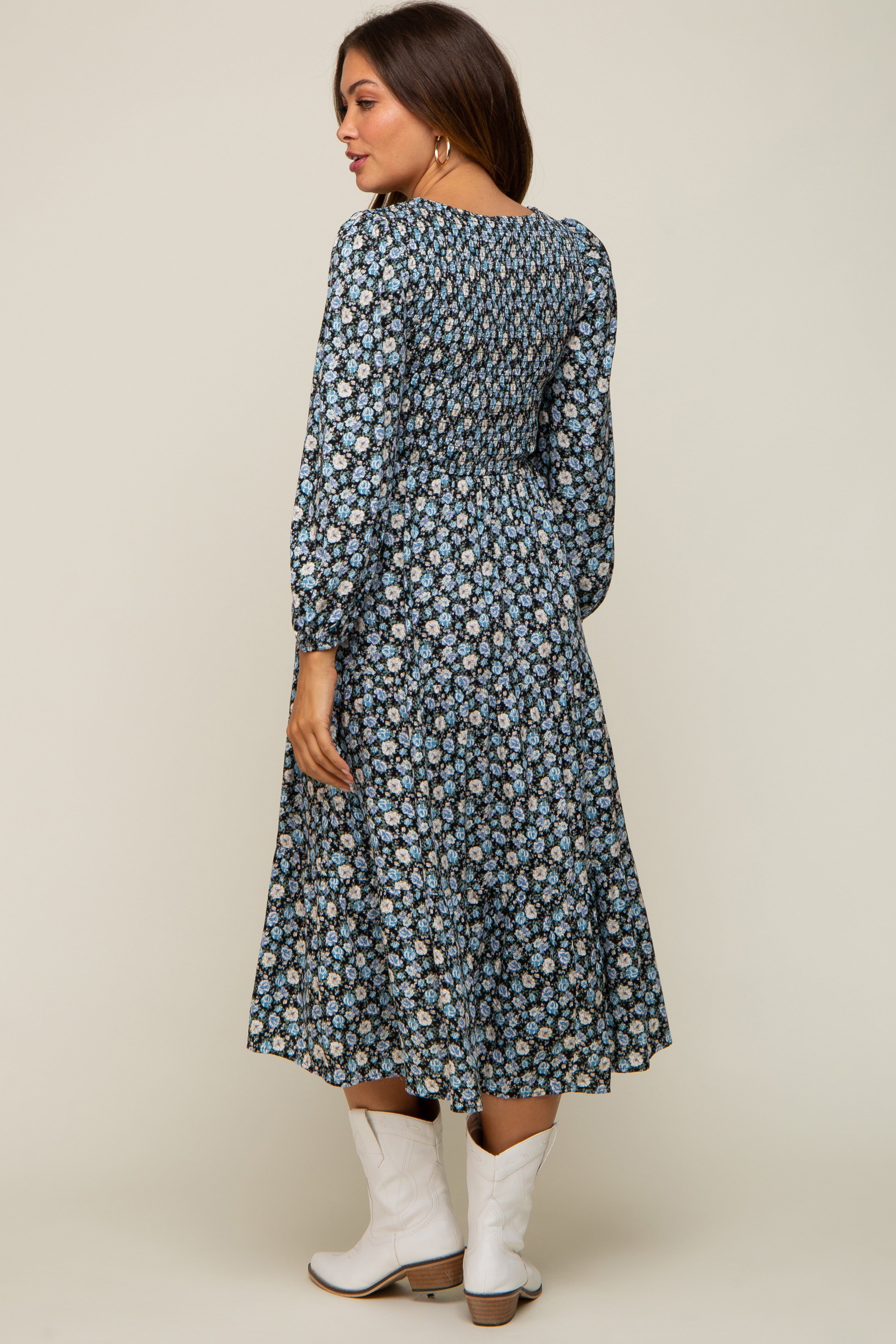 Black Floral Smocked 3/4 Sleeve Maternity Midi Dress sold by Pinkblush product image thumbnail 3