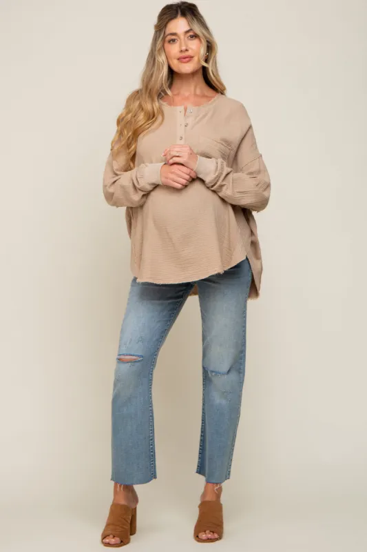 Beige Front Button Drop Shoulder Long Sleeve Maternity Top sold by Pinkblush
