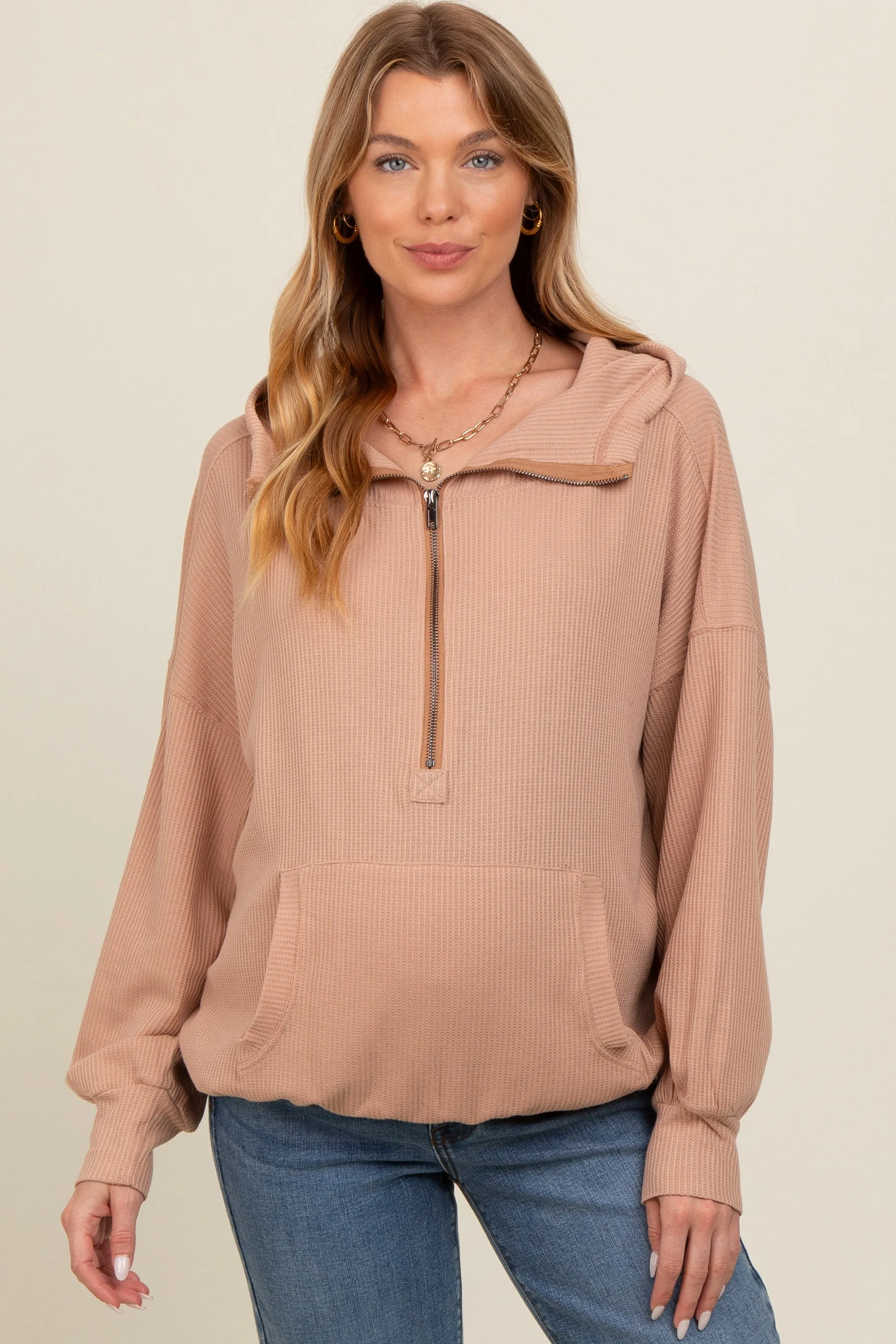 Mocha Waffle Knit Half Zip Relaxed Fit Maternity Hoodie sold by Pinkblush
