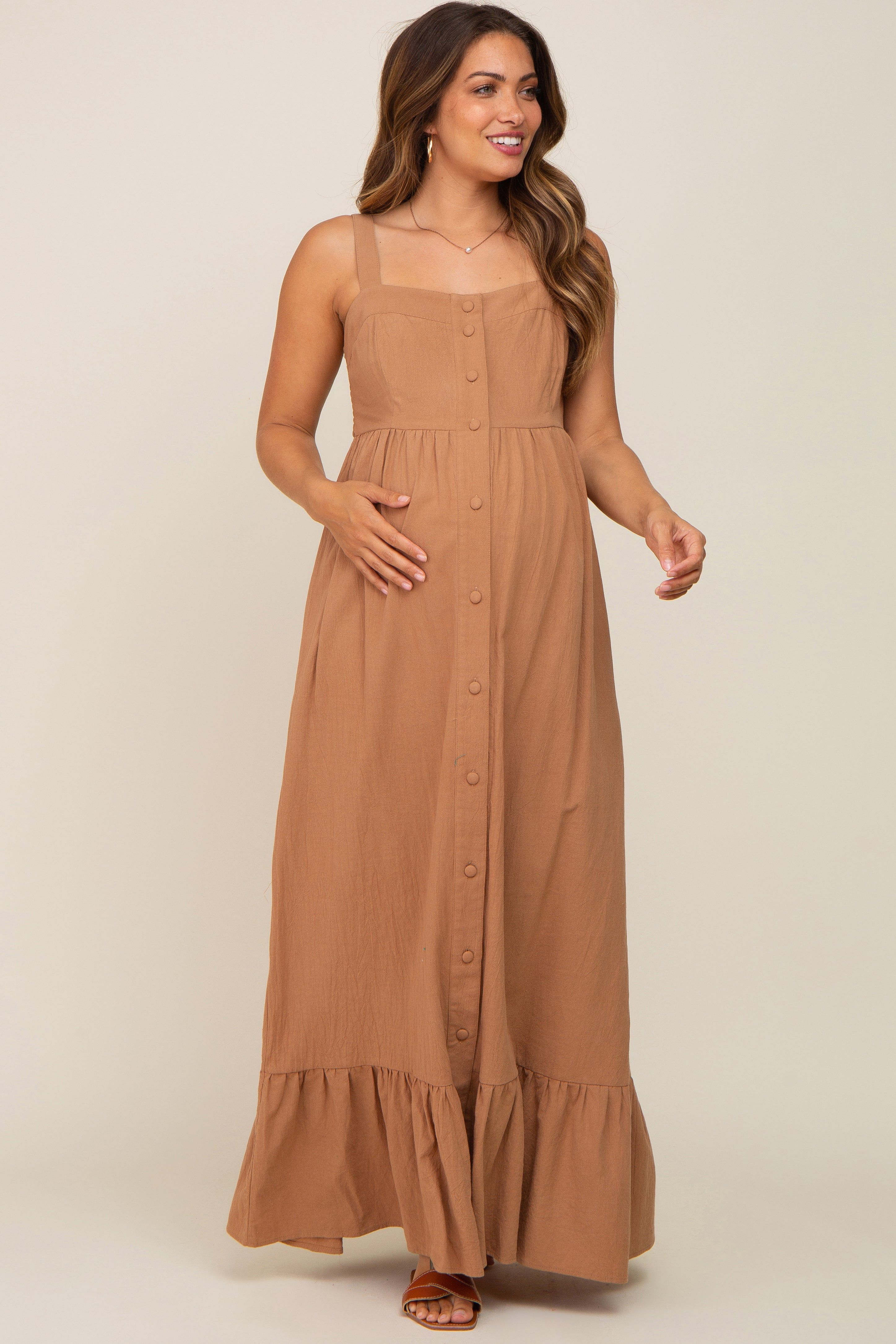Mocha Front Button Sleeveless Maternity Maxi Dress sold by Pinkblush product image thumbnail 2
