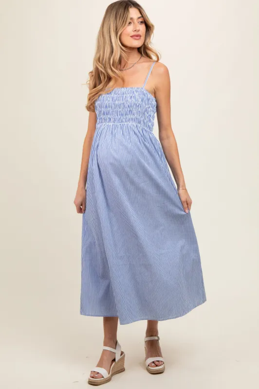 Blue Bartlett Striped Smocked Maternity Midi Dress sold by Pinkblush
