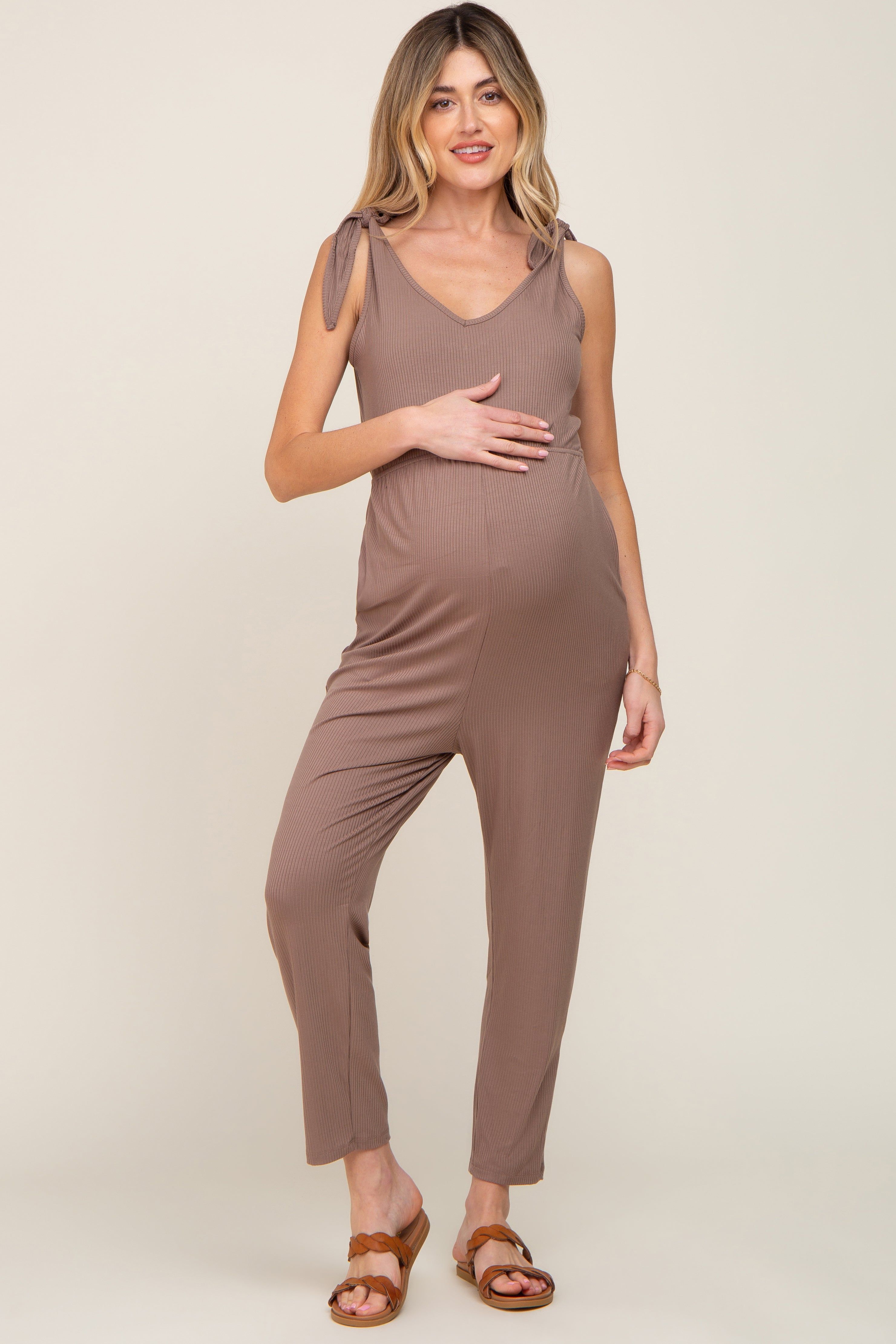 Brown Tie Strap Maternity Jumpsuit sold by Pinkblush product image thumbnail 4