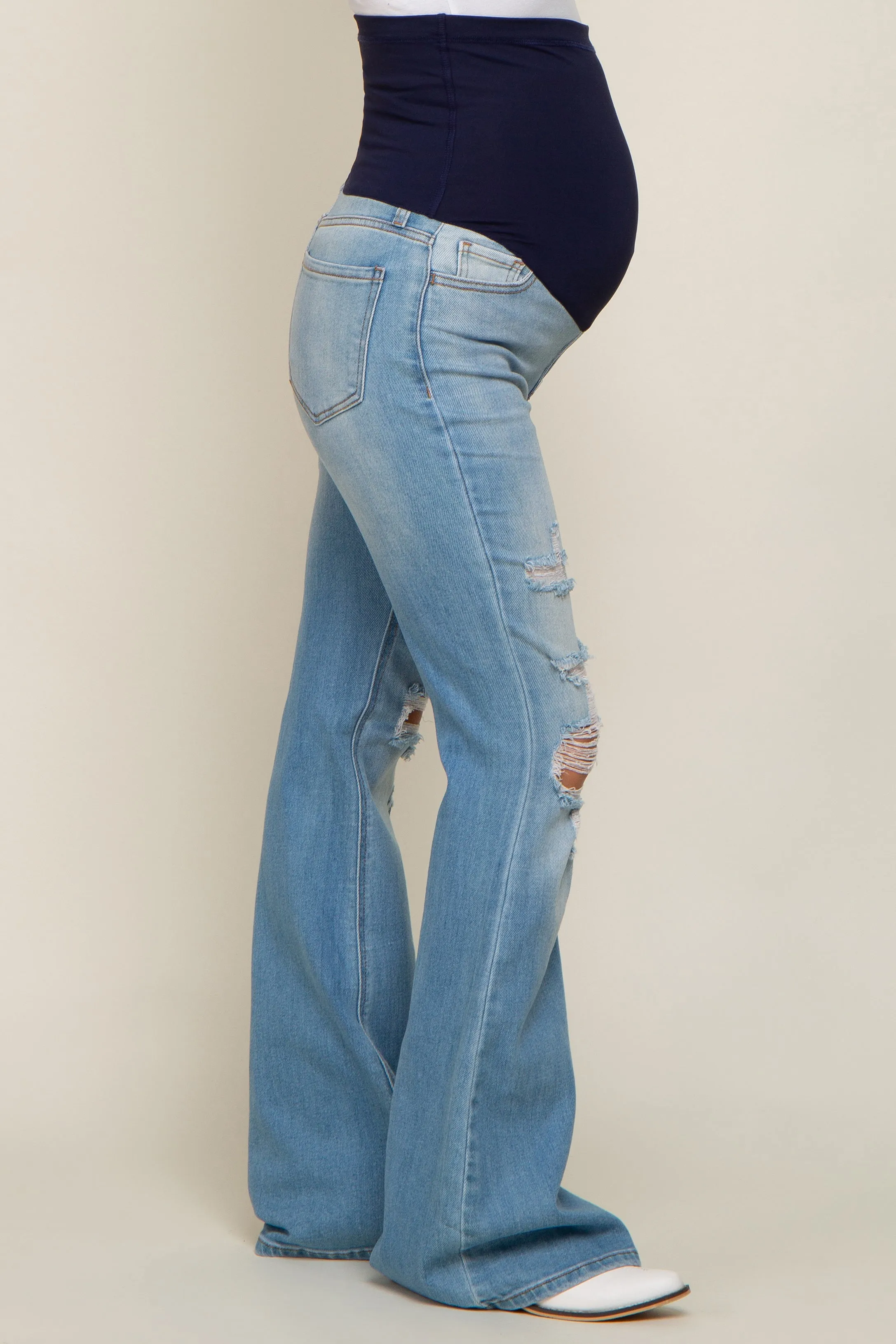 Light Blue Distressed Flare Maternity Jeans sold by Pinkblush product image thumbnail 3
