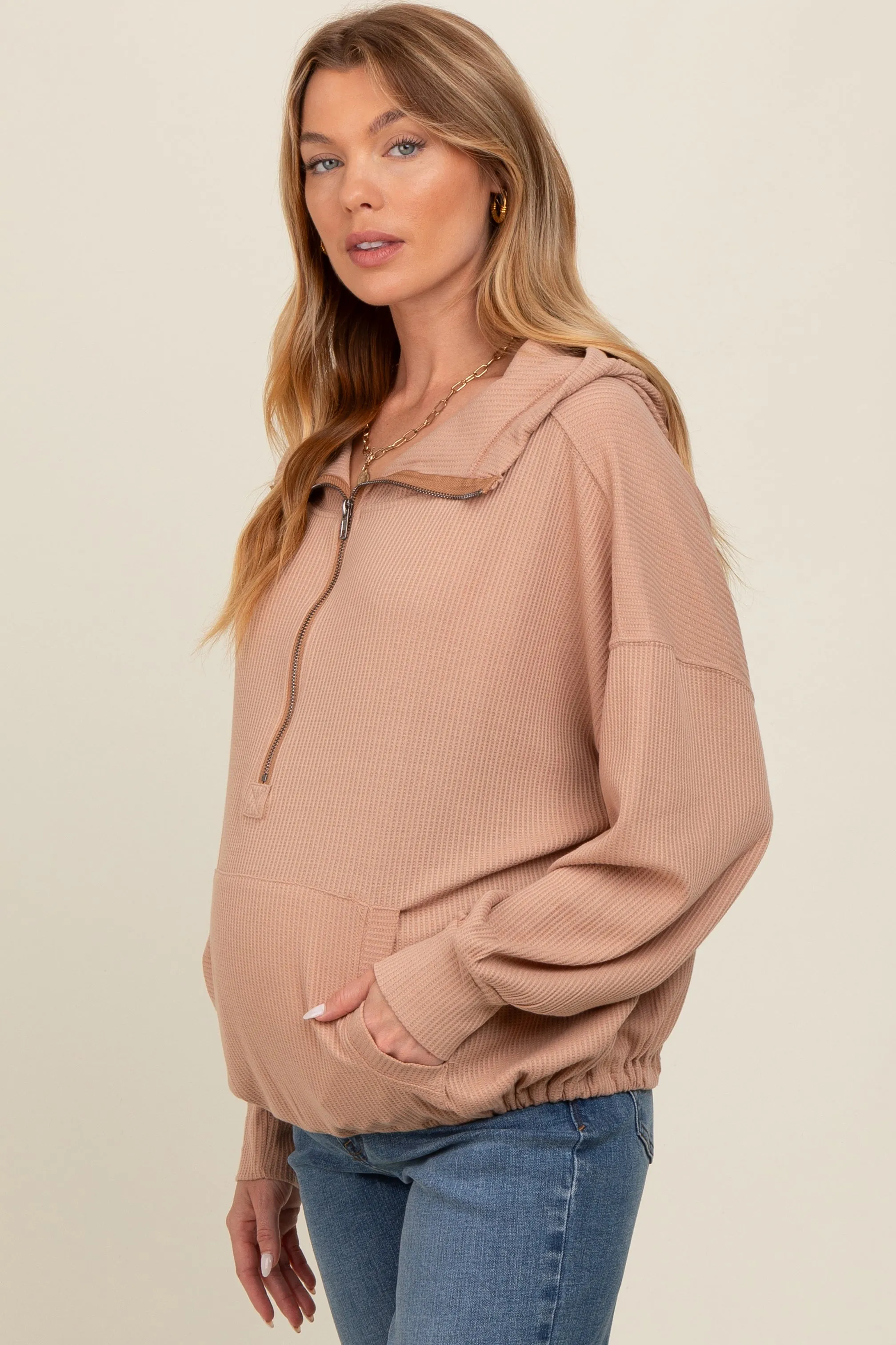 Mocha Waffle Knit Half Zip Relaxed Fit Maternity Hoodie sold by Pinkblush product image thumbnail 3