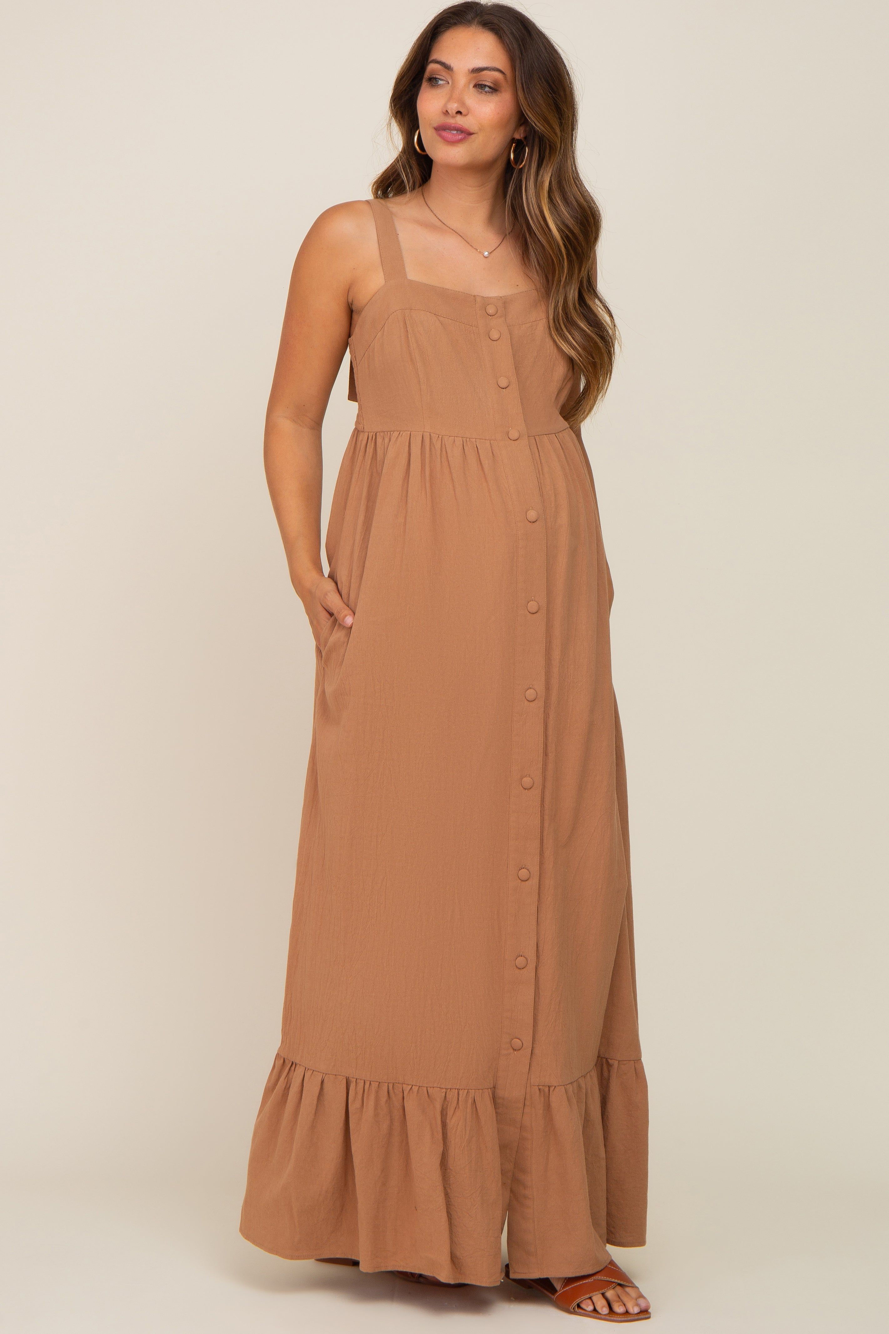 Mocha Front Button Sleeveless Maternity Maxi Dress sold by Pinkblush product image thumbnail 4
