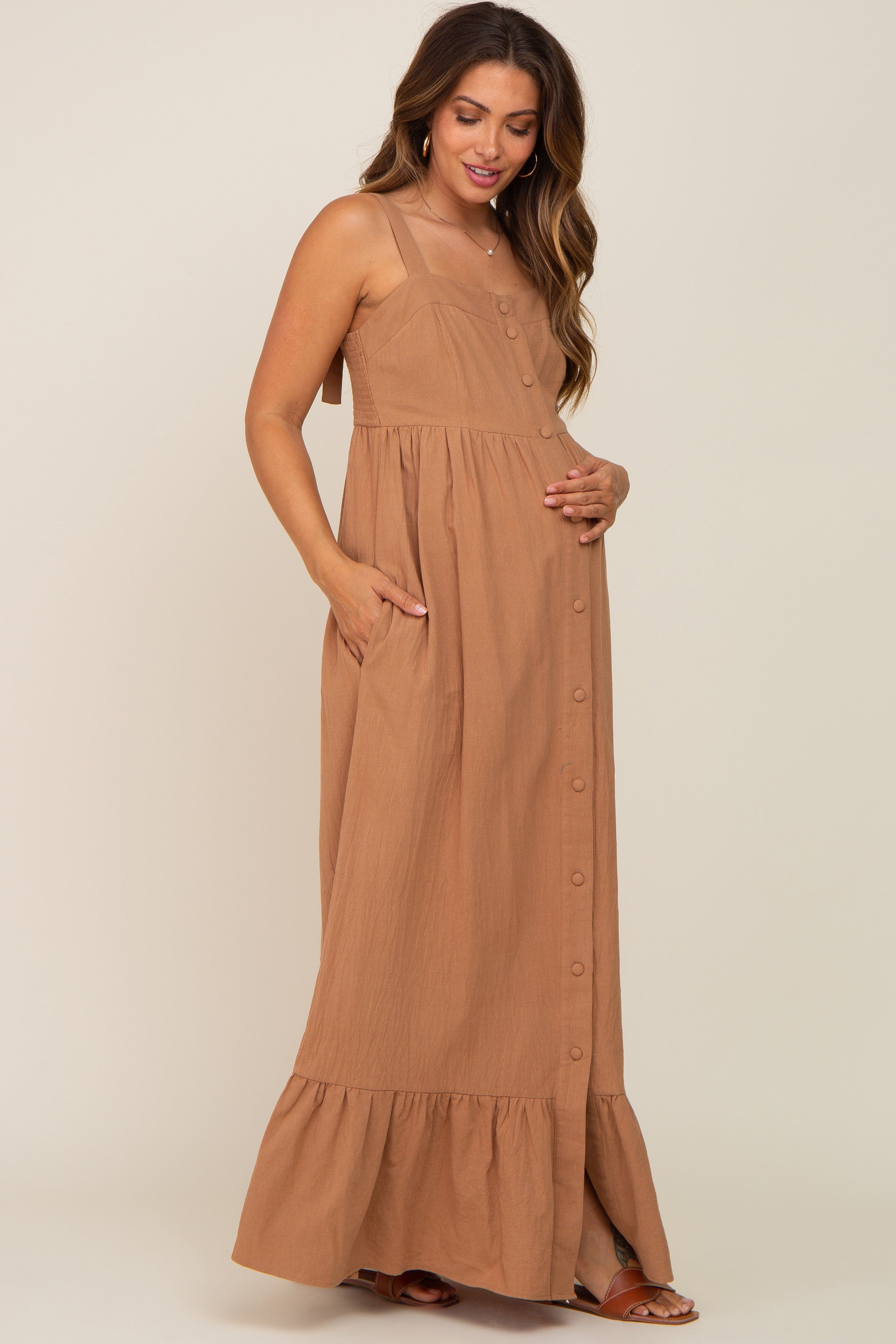 Mocha Front Button Sleeveless Maternity Maxi Dress sold by Pinkblush