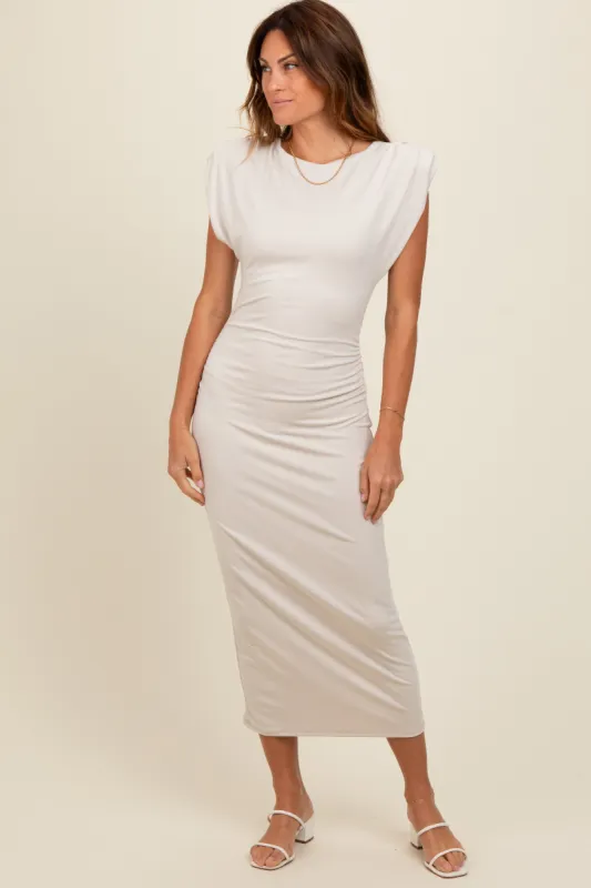 Ivory Padded Shoulder Fitted Midi Dress sold by Pinkblush