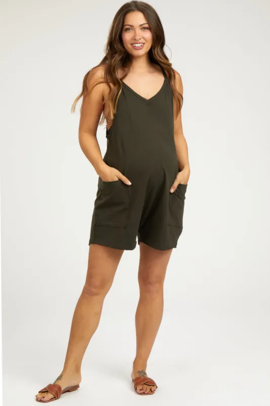 Olive Basic V-Neck Maternity Romper sold by Pinkblush