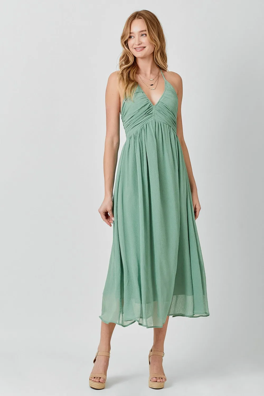 Sage Ruched V-Neck Midi Dress sold by Pinkblush product image thumbnail 2