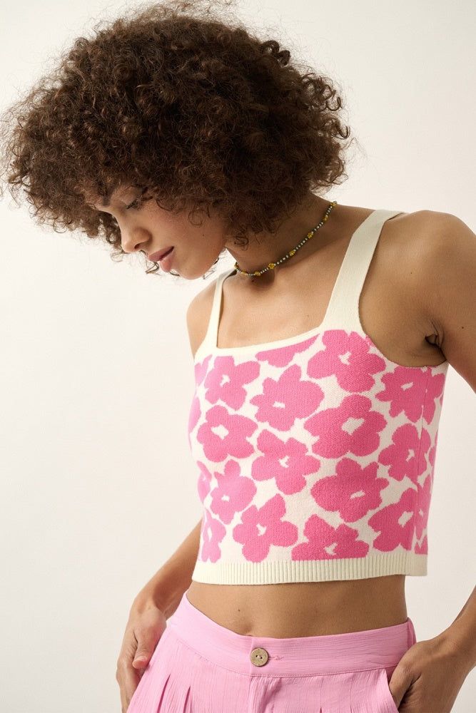 Pink Floral Knit Square Neck Sweater Crop Tank Top sold by Pinkblush